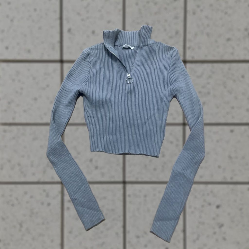 Vintage Love Tree Crop Knit Top Women S Mock Neck Long Sleeve Ribbed Gray 1/4 Zip Shirt Pullover S Gray Womens Size S / US 4 / IT 40 - 1 Thumbnail