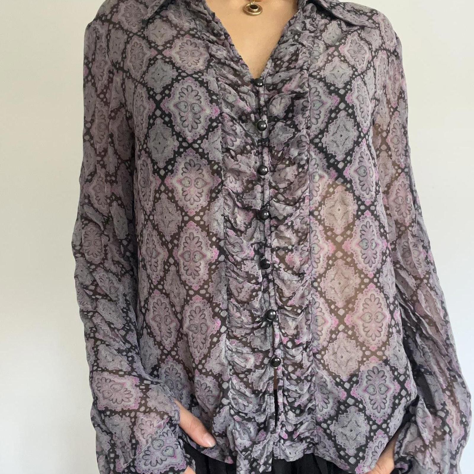 Worthington Purple and black mesh blouse with ruffle details #goth Size S / US 4 / IT 40 - 4 Thumbnail