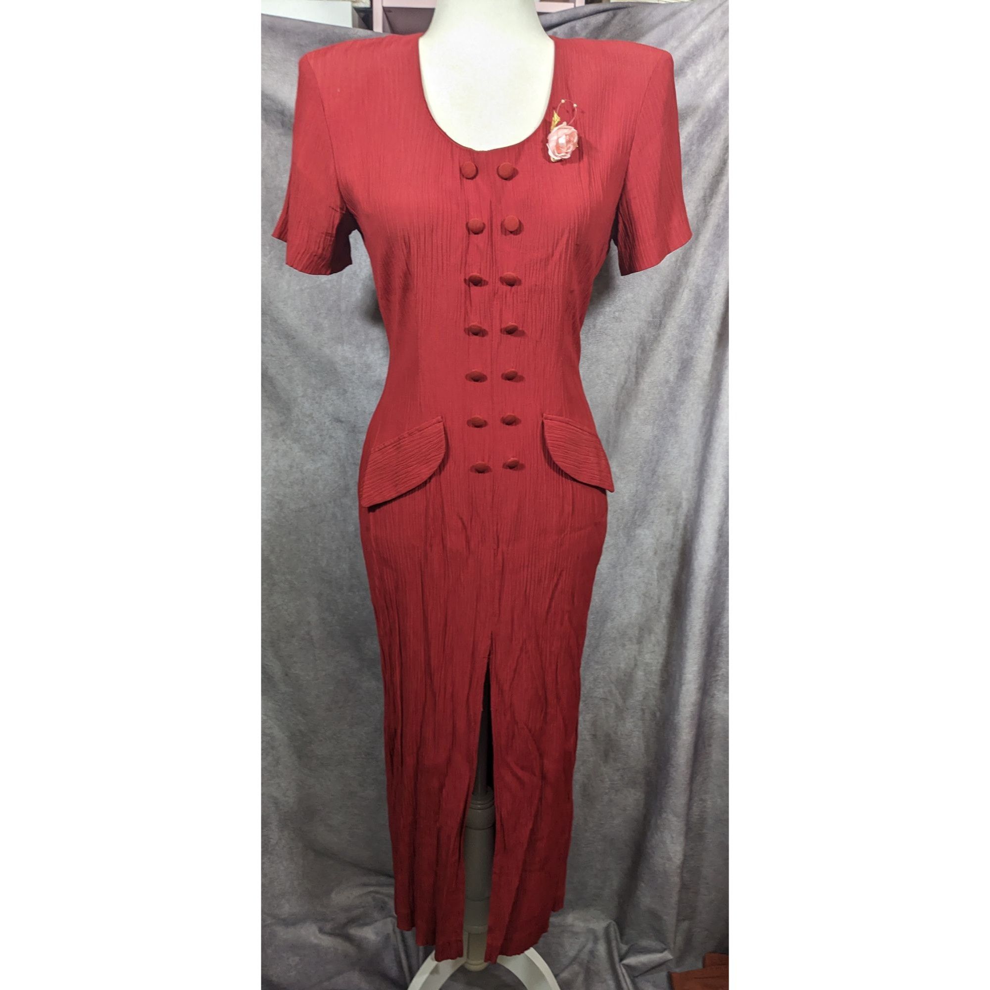 Other Vintage Marnie West Red Formal Split Front Midi Dress Size M / US 6-8 / IT 42-44 - 8 Thumbnail