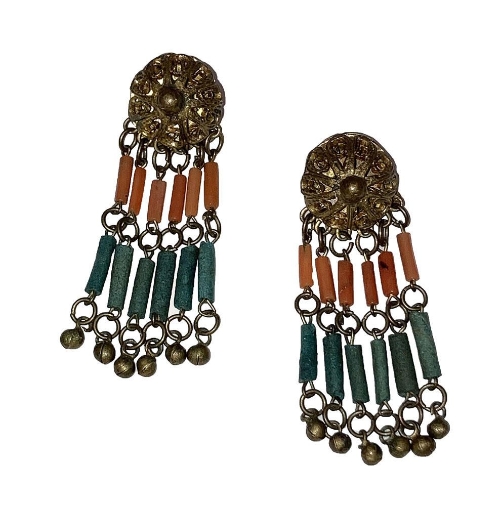 Designer Egyptian Revival Red Coral Brass Faience Earrings Size ONE SIZE - 1 Thumbnail