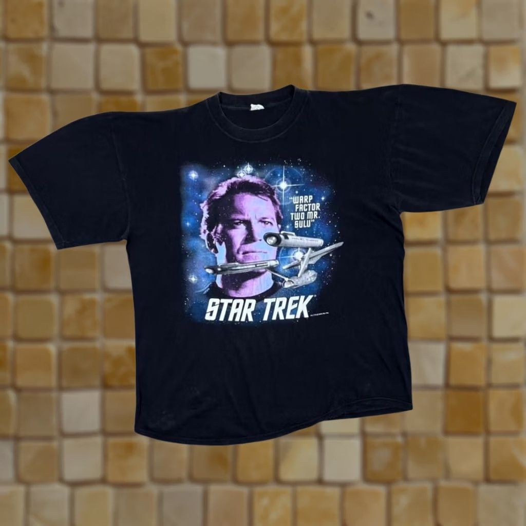 Vintage VINTAGE Star Trek Warp Factor Two Mr Sulu XL T-Shirt Mens Black 1995 Sci-Fi TV Show Graphic Print Size US XL / EU 56 / 4 - 1 Thumbnail