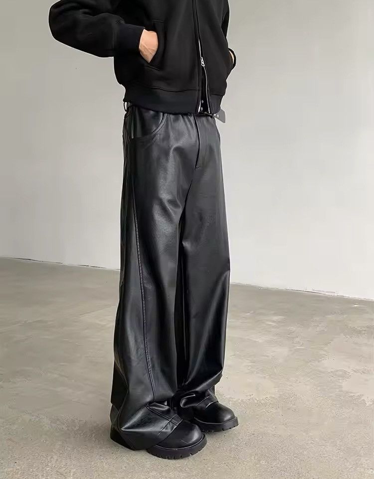 Japanese Brand Streetwear Casual Pu Leather Straight Wide Leg Trousers Size US 33 - 1 Thumbnail