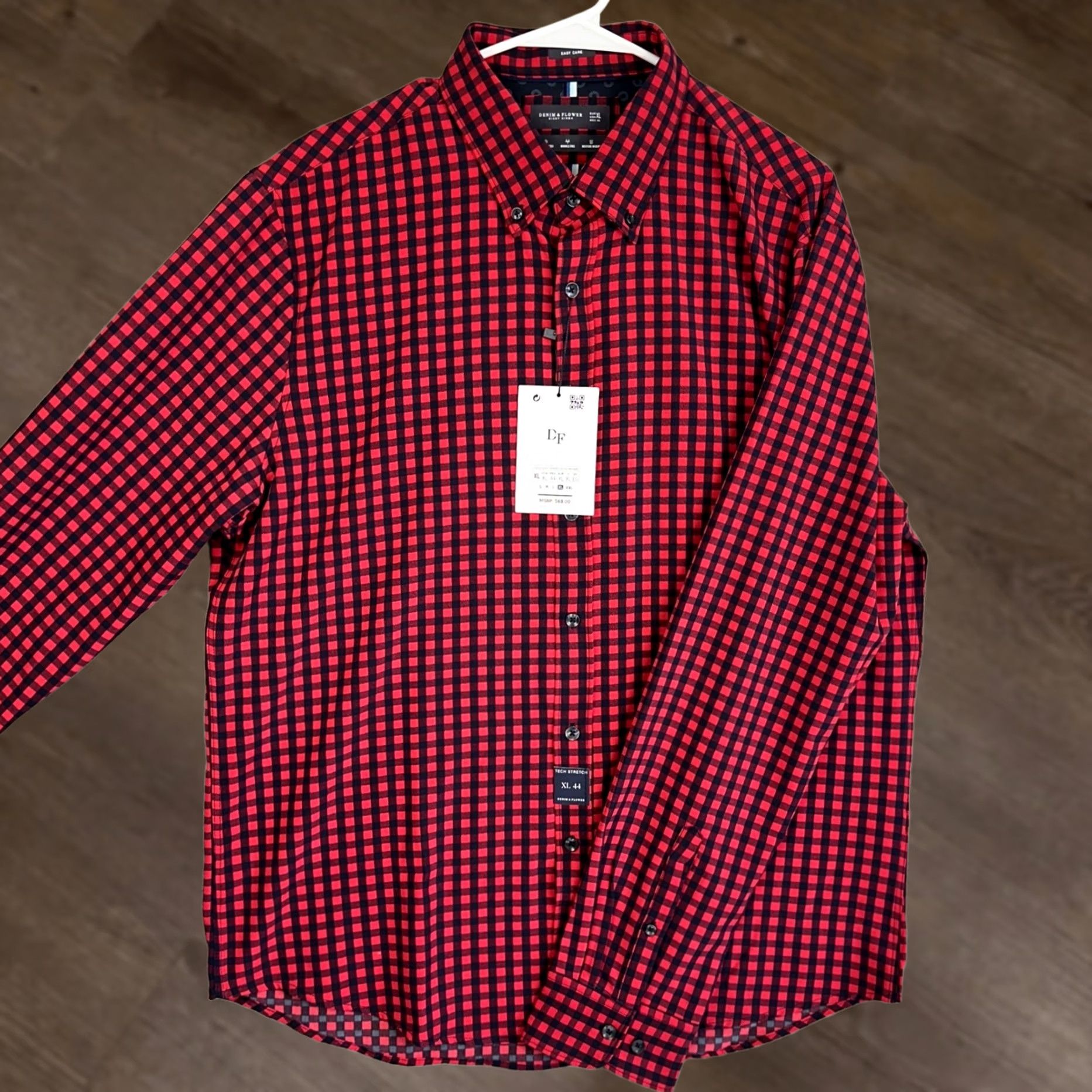 Denime Denim & Flower Ricky Singh Button-Down Shirt Mens XL Red Black Gingham Check 8 Way Stretch Wrinkle-Free Moisture Wicking Button-Up Size US XL / EU 56 / 4 - 1 Thumbnail