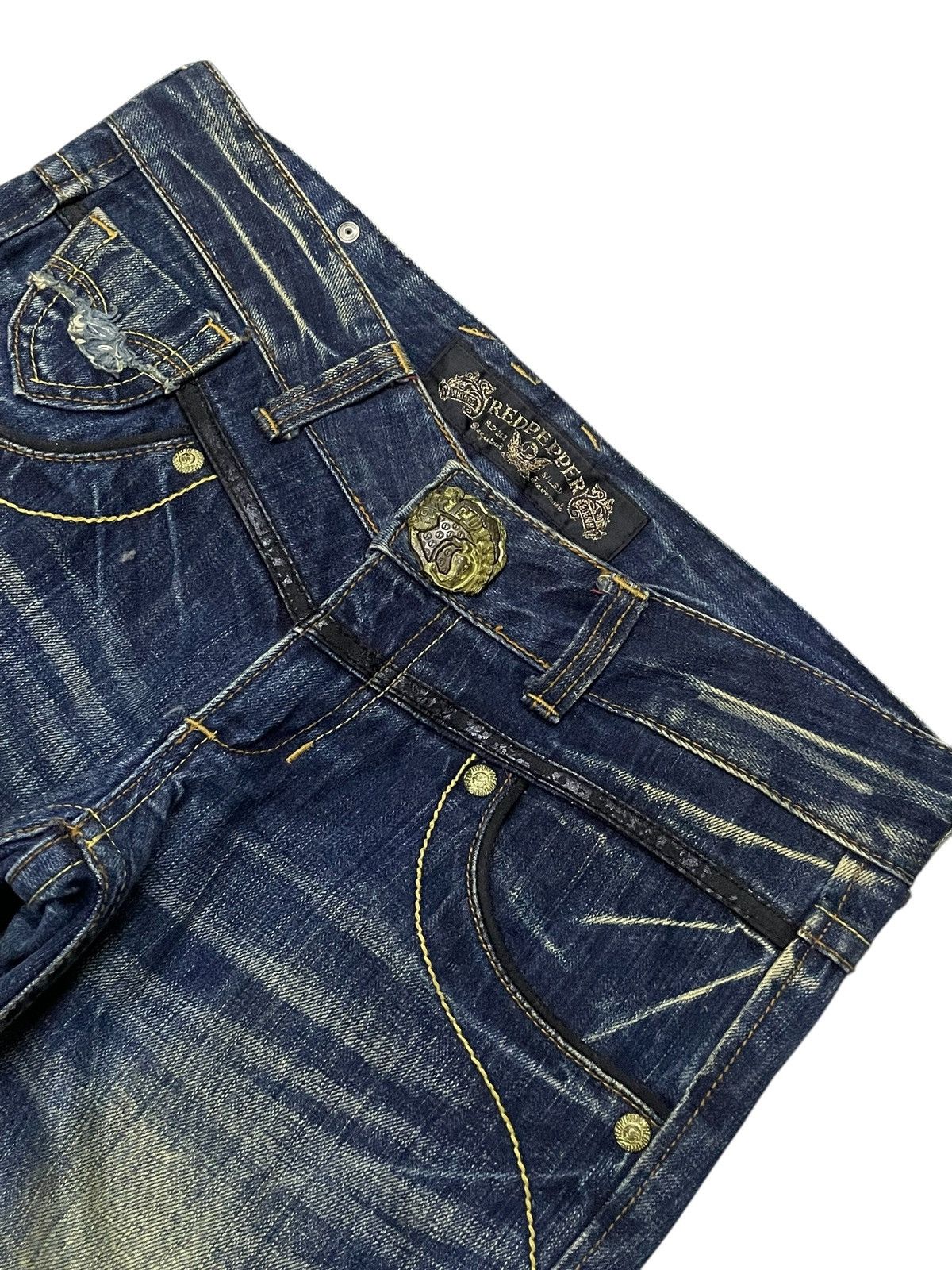 Japanese Brand × LOWBOX × semanticdesign Red Pepper Japan Leather Feather Wings Mud Wash Flare Jeans Size US 30 / EU 46 - 16 Thumbnail