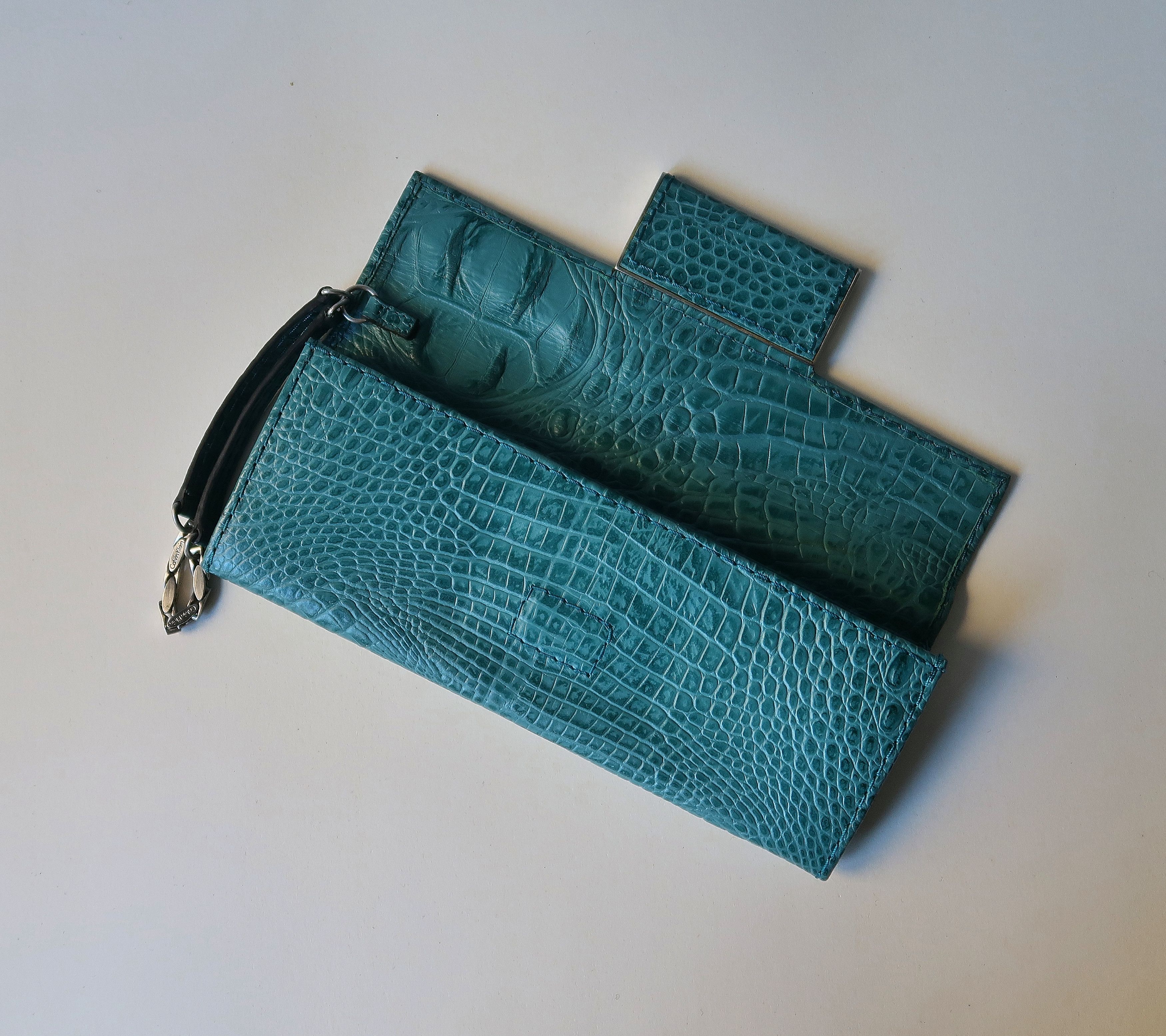 Calvin Klein Croc Embossed Leather Longfold Wristlet Strap Green Wallet Size ONE SIZE - 5 Thumbnail