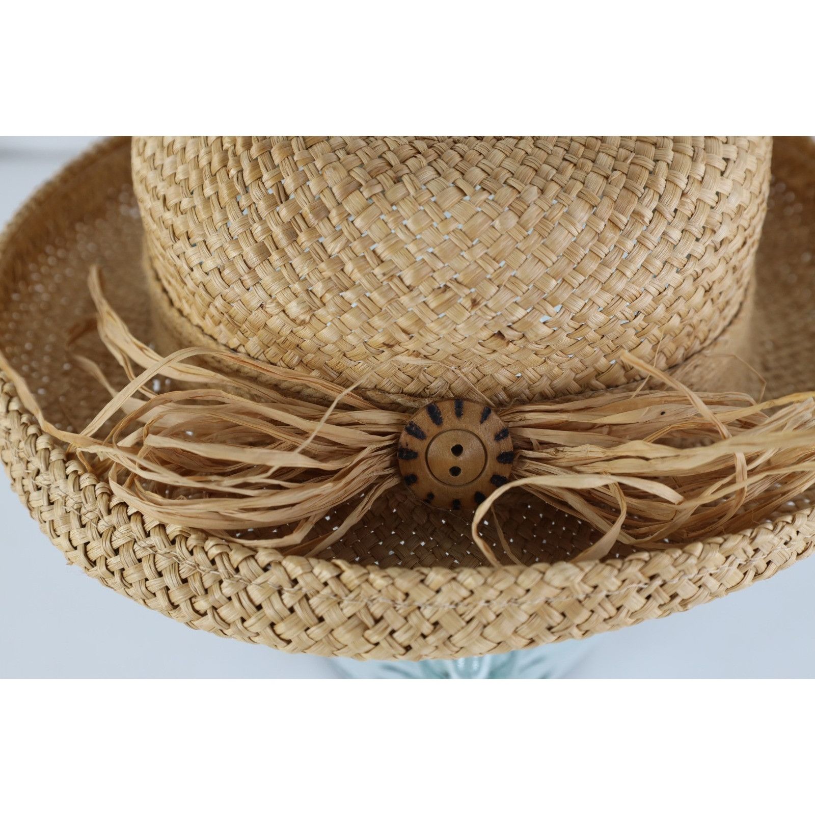 Vintage Vintage 90s Boho Chic Wood Button Raffia Tie Straw Sun Hat Size ONE SIZE - 2 Thumbnail