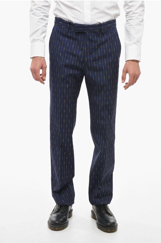 image of Gucci Pinstriped Wool Pants With Morset Motif in Blue, Men's (Size 32)