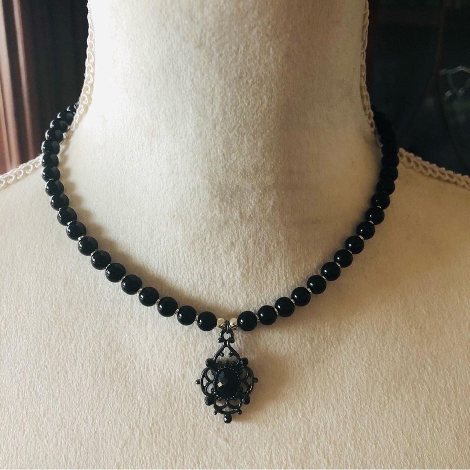 Handmade Handcrafted repurpose black glass crystal Pearl necklace Size ONE SIZE - 2 Thumbnail