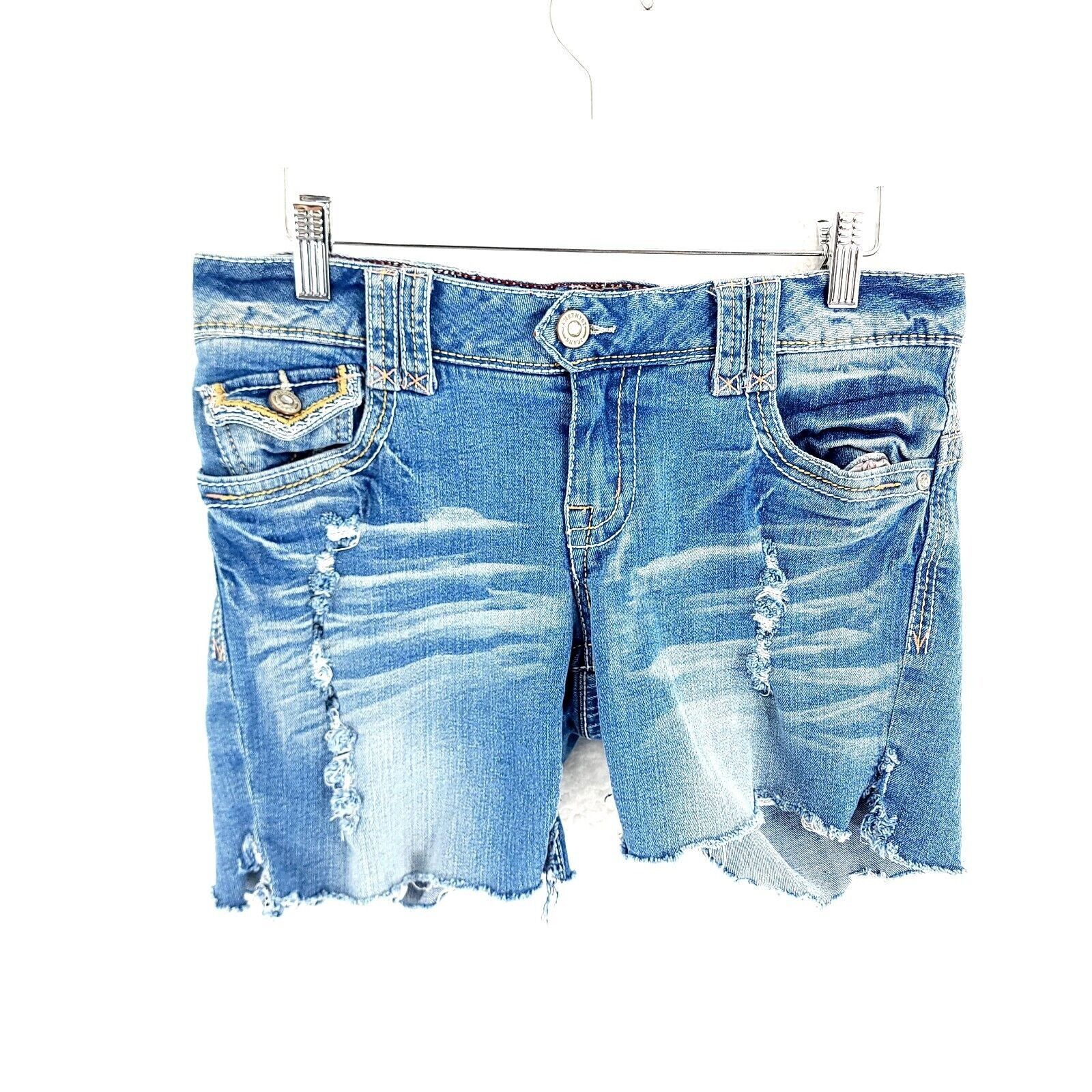 Other Amethyst Jean Denim Shorts Blue Whiskering Distressed Low Ri Size 31" - 1 Thumbnail