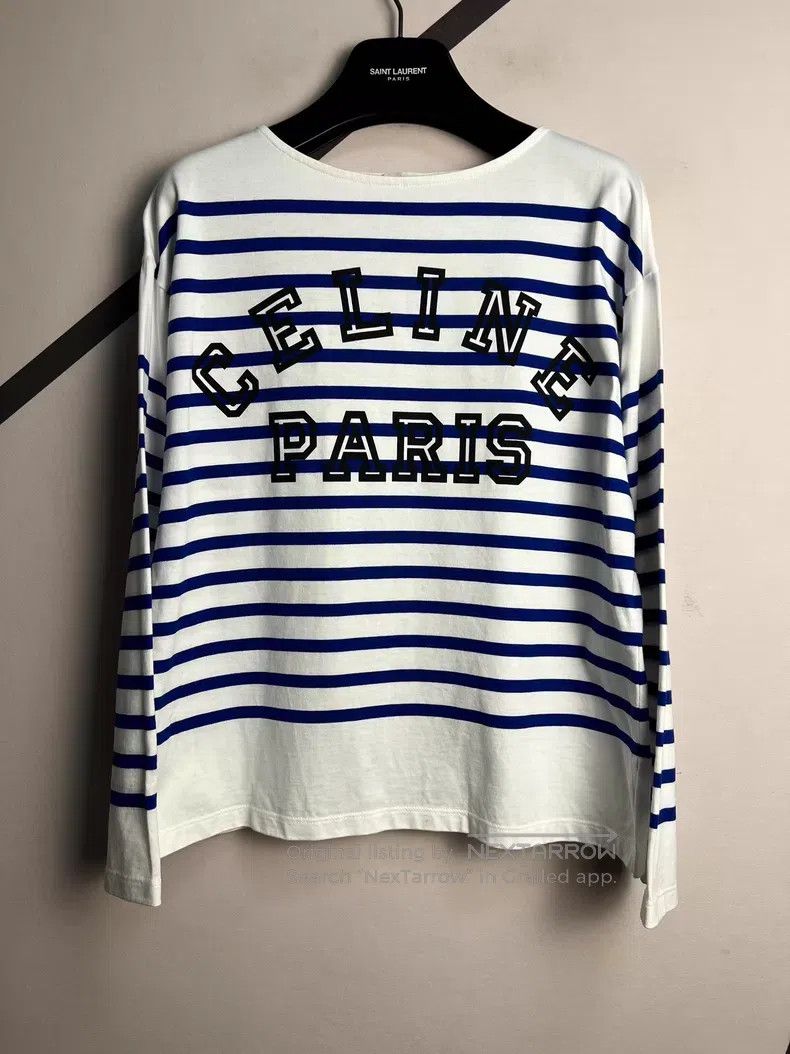 Celine CELINE Blue and White Striped Logo Long-Sleeve T-Shirt i Size US S / EU 44-46 / 1 - 1 Thumbnail