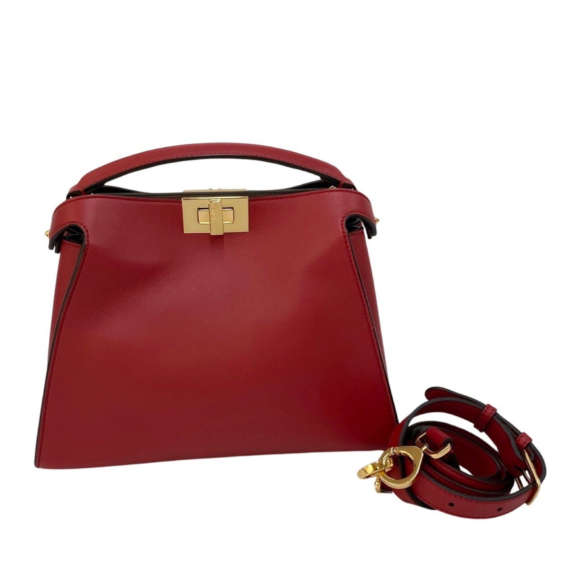 image of Fendi Peekaboo Logo Metal Fittings Leather Genuine 2Way Mini Shoulder Bag Handbag Red 63410 in Red 