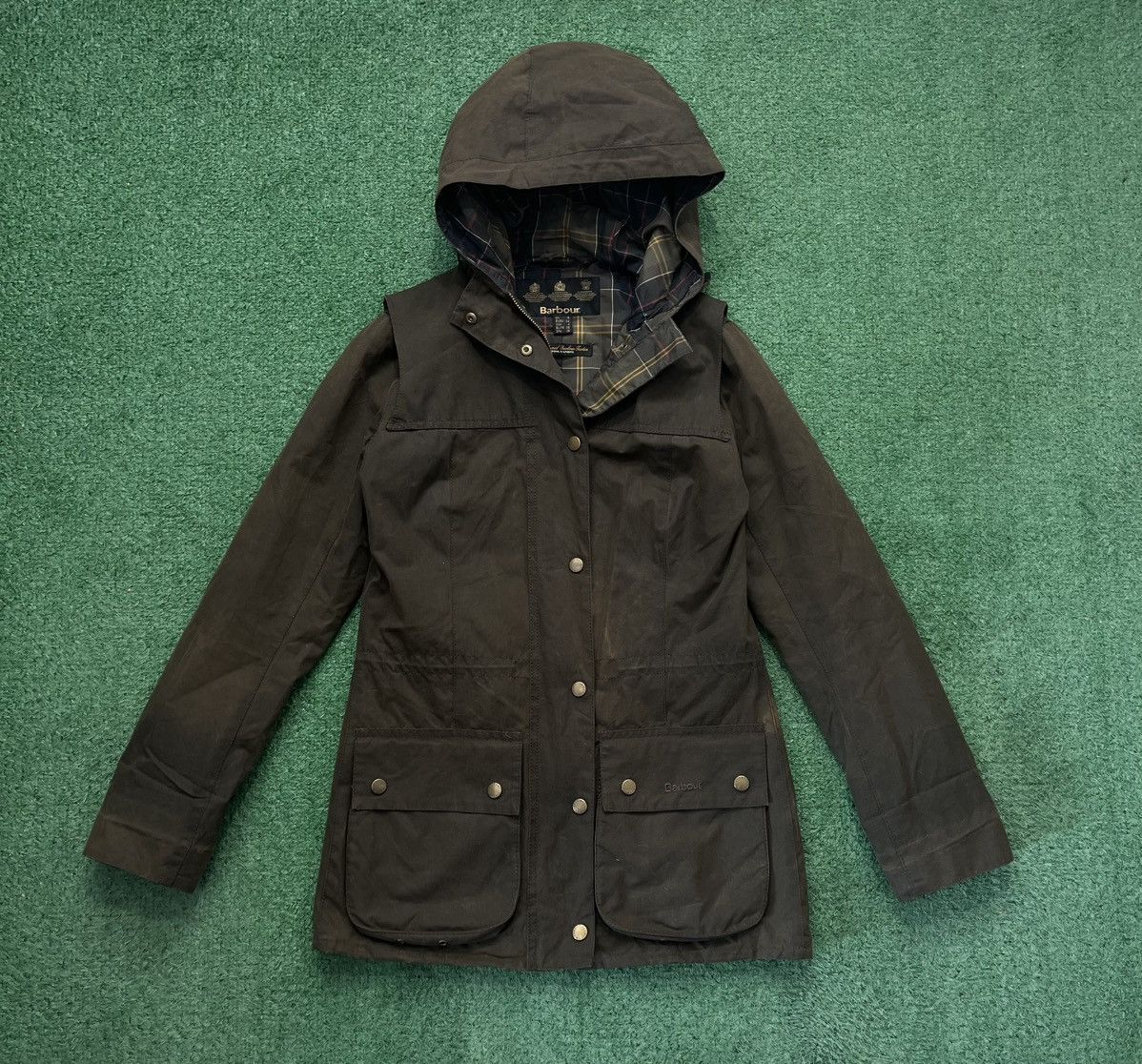 Barbour × Vintage Barbour Wax Parka Jacket Women Tartan Khaki Brown Size S / US 4 / IT 40 - 1 Thumbnail