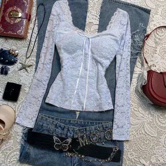 Other Vintage Blue Lace Long Sleeve Top Size M / US 6-8 / IT 42-44 - 2 Thumbnail