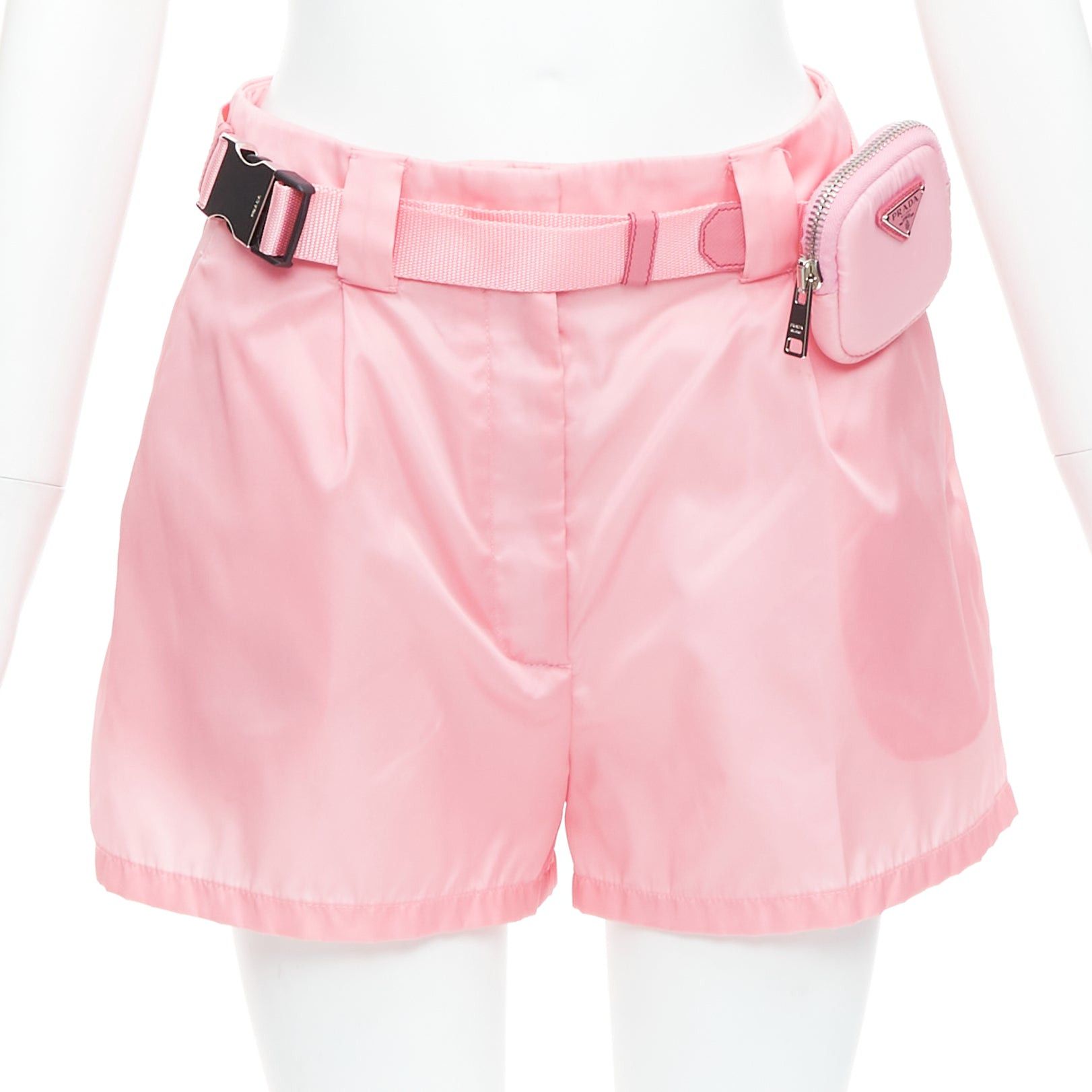 Prada PRADA 2021 Re-Nylon pink triangle logo mini pouch high waist shorts IT38 XS Size 26" / US 2 / IT 38 - 1 Thumbnail