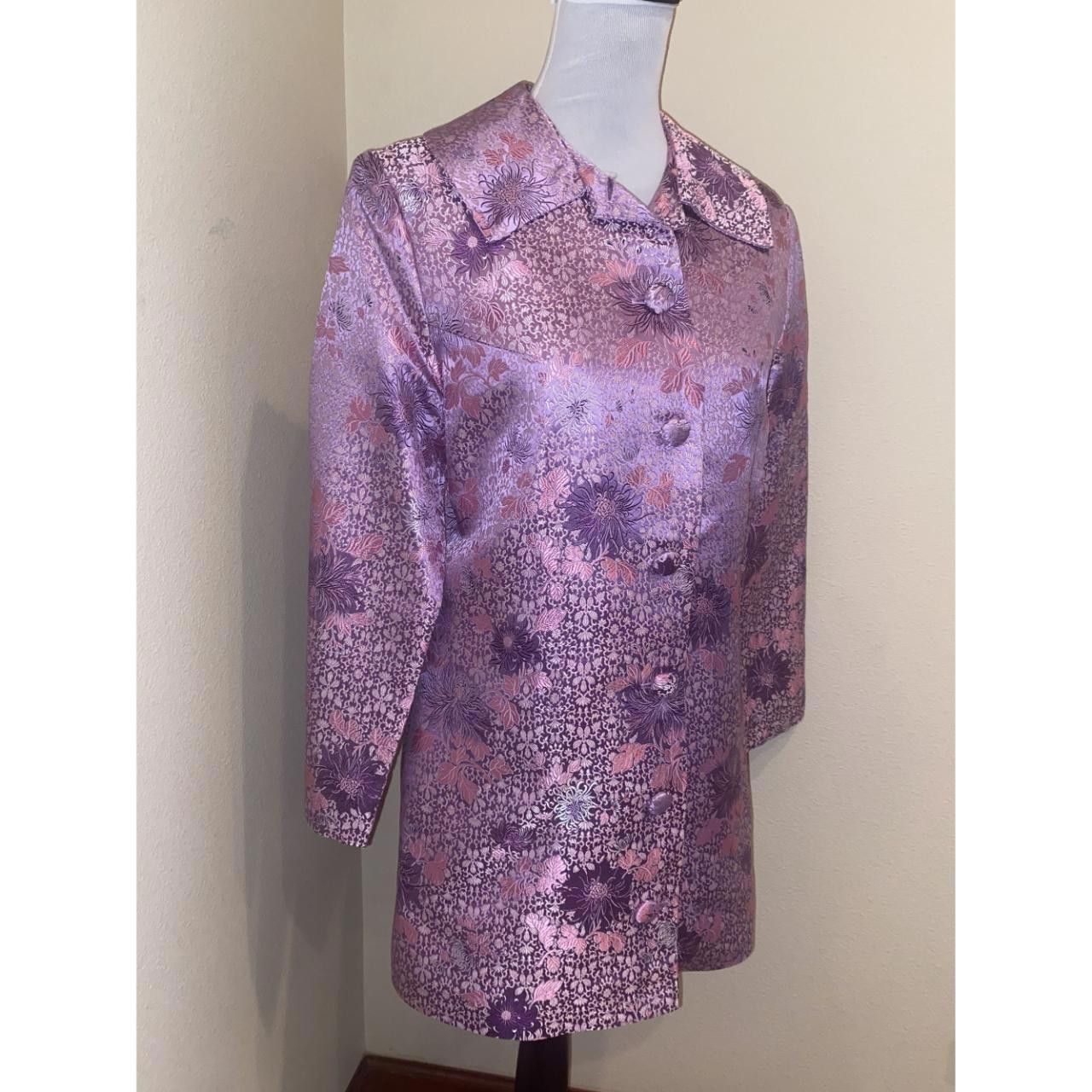 Designer Vintage Style Pink Magenta Floral Brocade Satin Jacket RARE Size L / US 10 / IT 46 - 4 Thumbnail