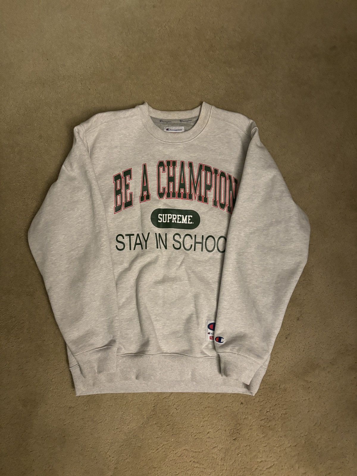 image of Champion “Stay In School” Sweatshirt in Grey, Men's (Size Medium)