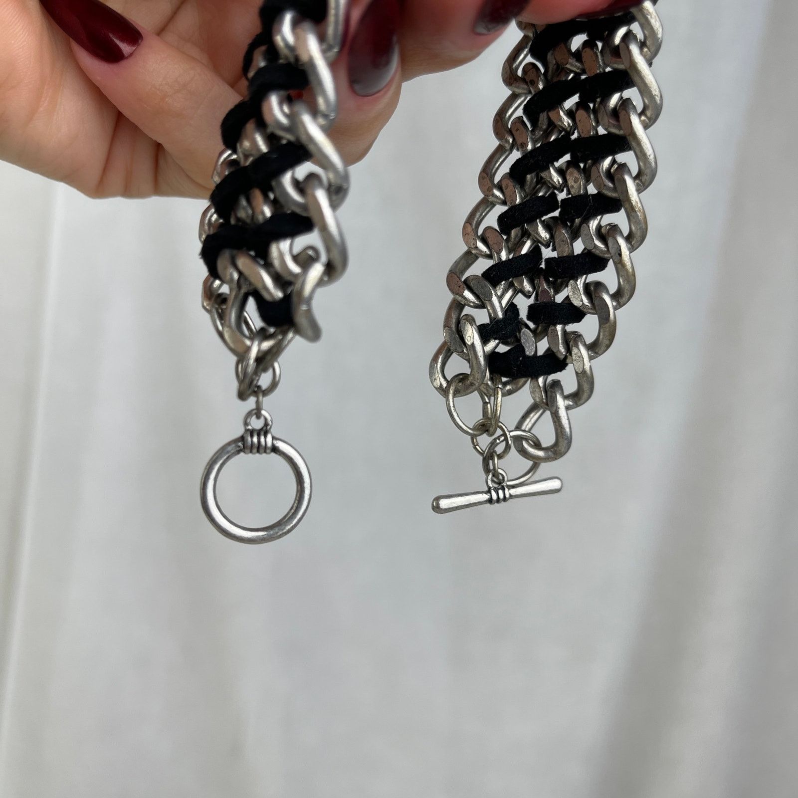 Other Silver Tone Chain Link Bracelet Black Braided Faux Leather Size ONE SIZE - 22 Thumbnail