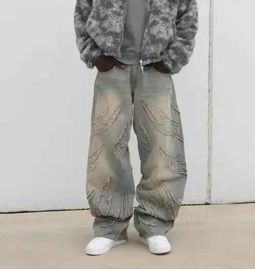 Japanese Brand Raw Edge Embroidery Baggy Denim Pant Size US 31 - 3 Thumbnail