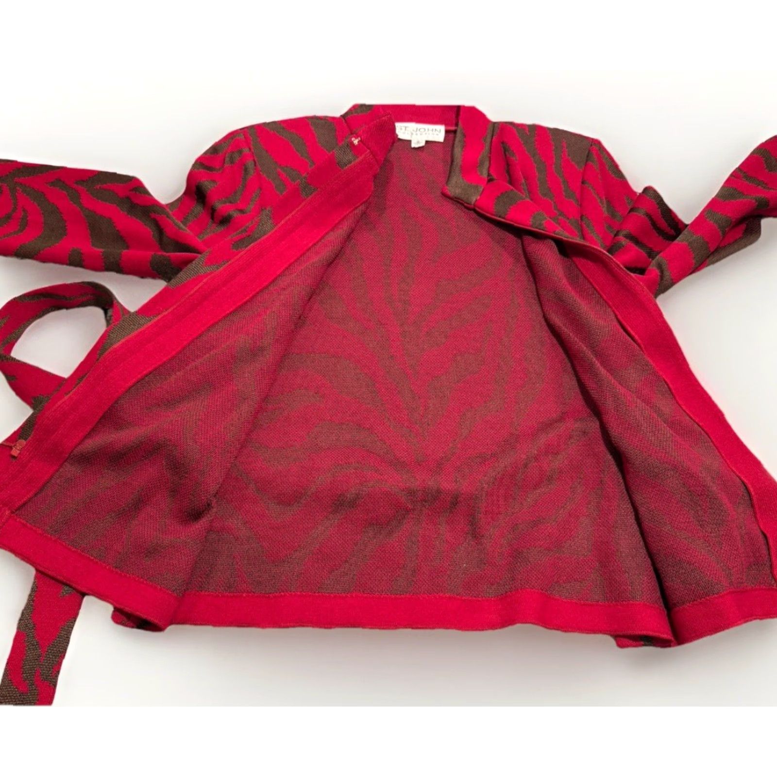 St. John VINTAGE ST. JOHN Santana Knit Zebra Animal Patterned Belted Sweater Jacket Women Size 10 Red Belted Wool Blend Knit Jacket Women Sz 10 Zebra Theme Size L / US 10 / IT 46 - 5 Thumbnail