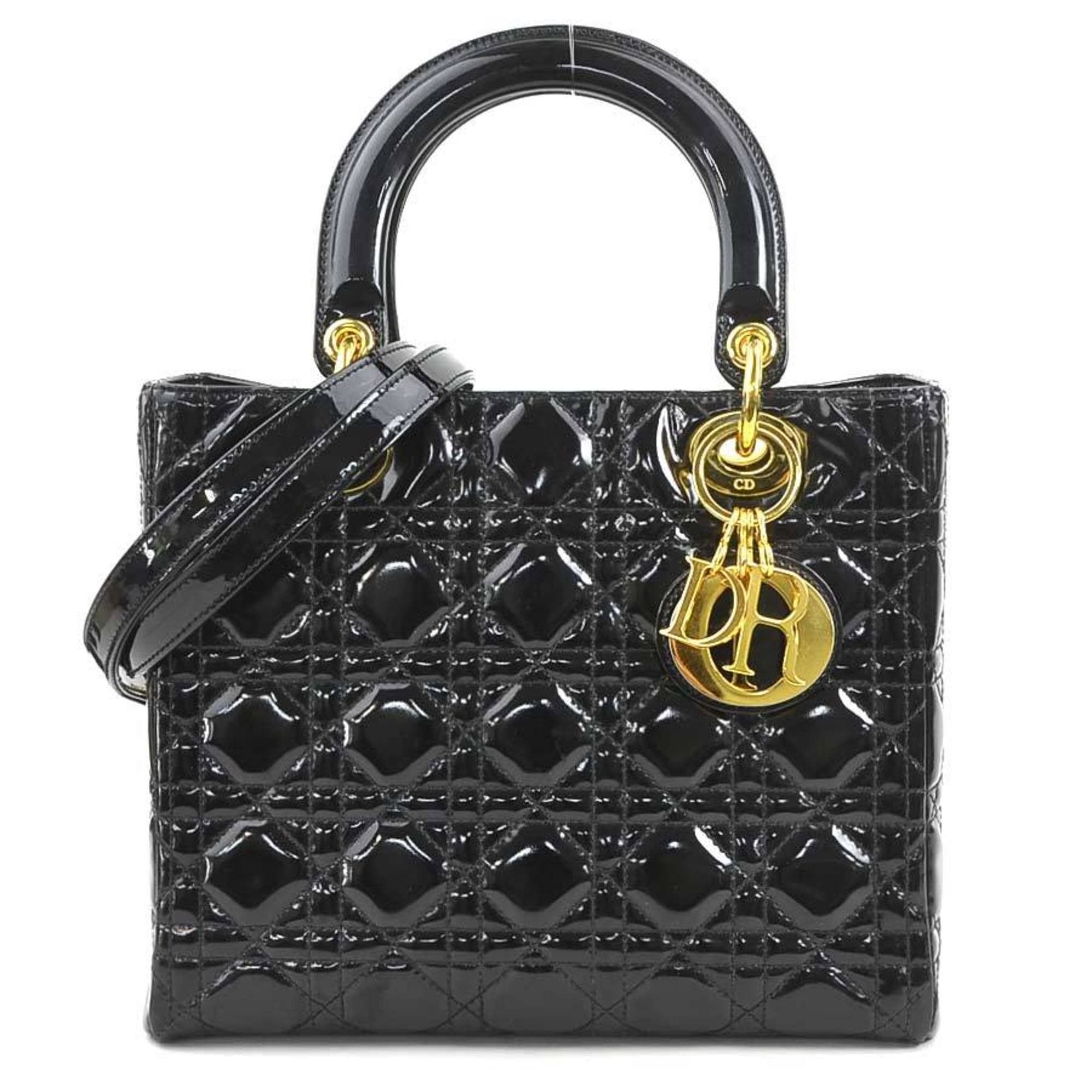 Christian Dior Handbag Shoulder Bag Lady Patent Leather Black Gold Women's E60317K