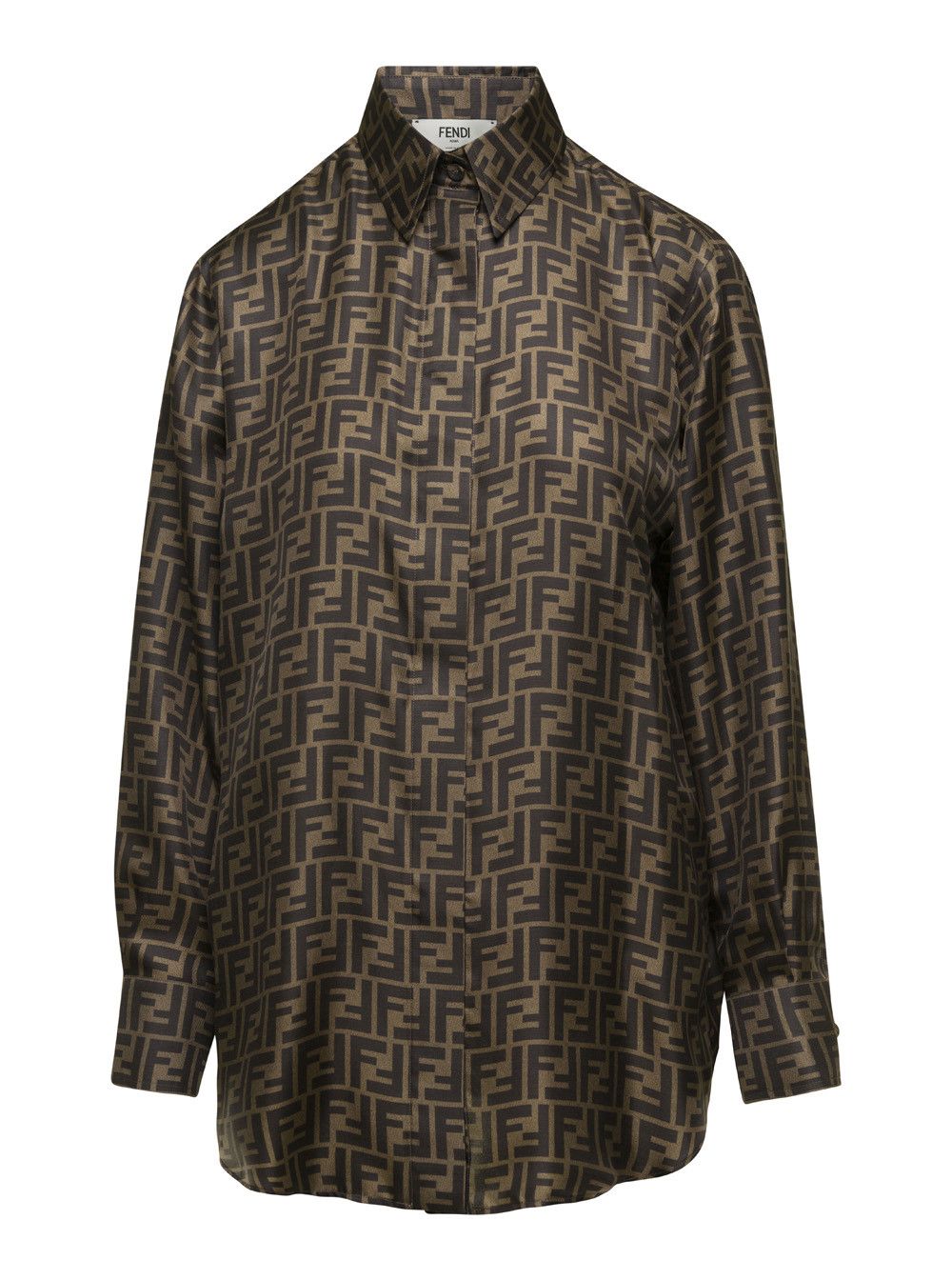 Fendi Brown Shirt with Pointed Collar and All-Over FF Motif in Silk Woman Size M / US 6-8 / IT 42-44 - 1 Thumbnail