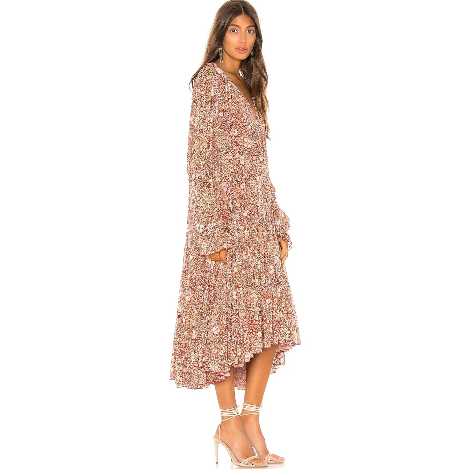 Free People Free People Feeling Groovy Maxi Dress Long Sleeve Multicolor Red Floral Chiffon Women's Size S Size S / US 4 / IT 40 - 3 Thumbnail