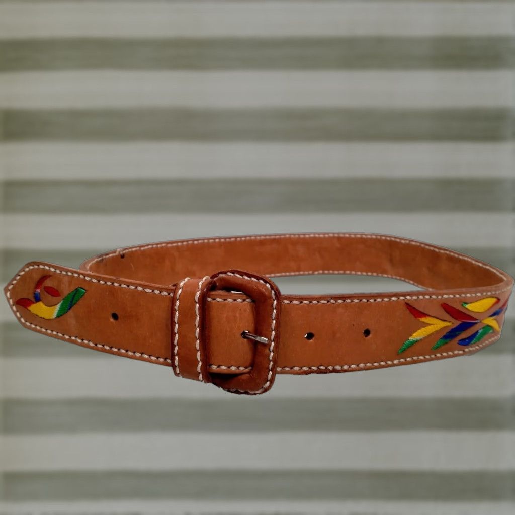 Vintage VINTAGE Leather Belt Women's Adjustable 1 3/8" Brown Embroidered Boho Tribal 30" Size 26-30in Size ONE SIZE - 1 Thumbnail