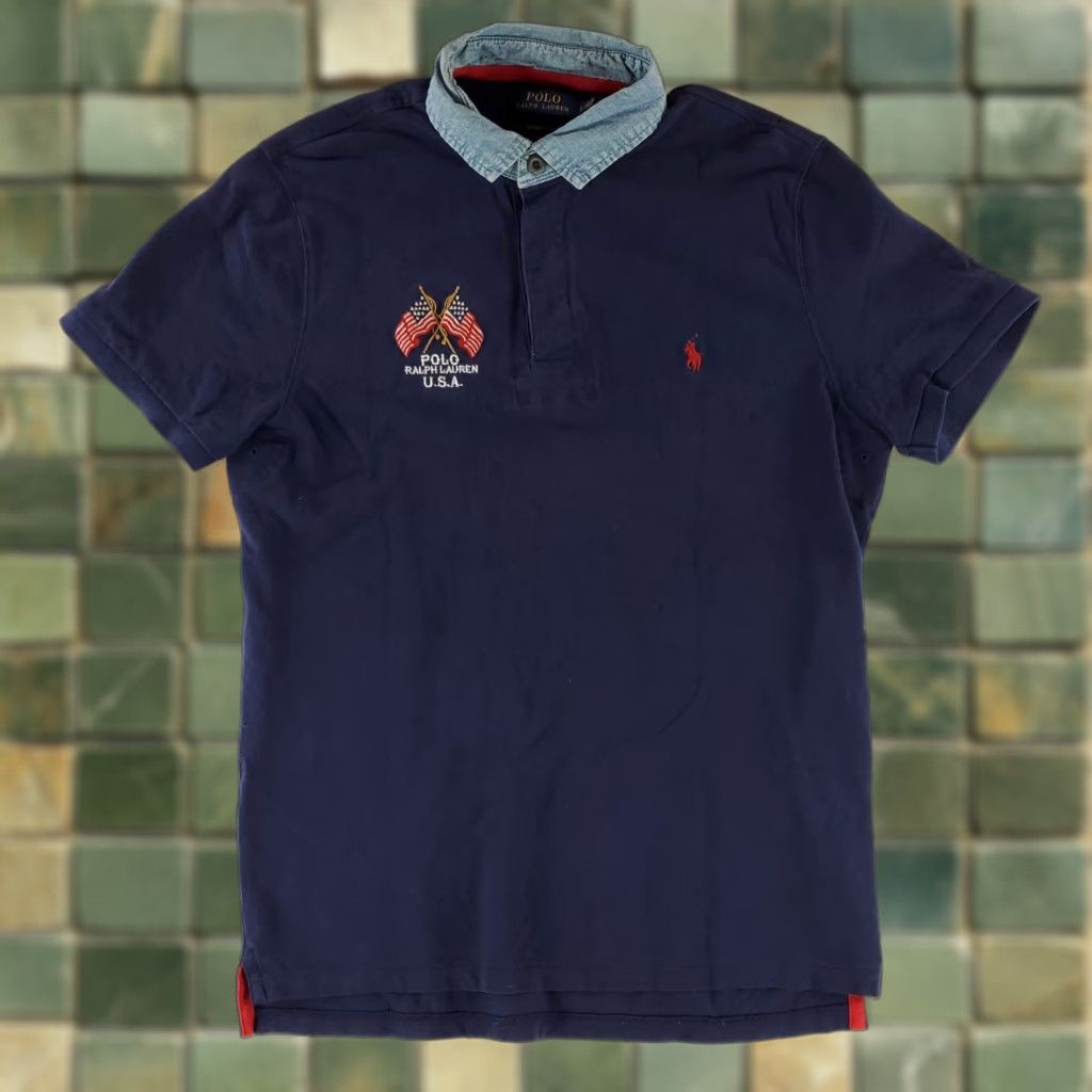 Polo Ralph Lauren Polo Ralph Lauren Polo Shirt Denim Collar American Flag Short Sleeve Blue Mens L Size US L / EU 52-54 / 3 - 1 Thumbnail