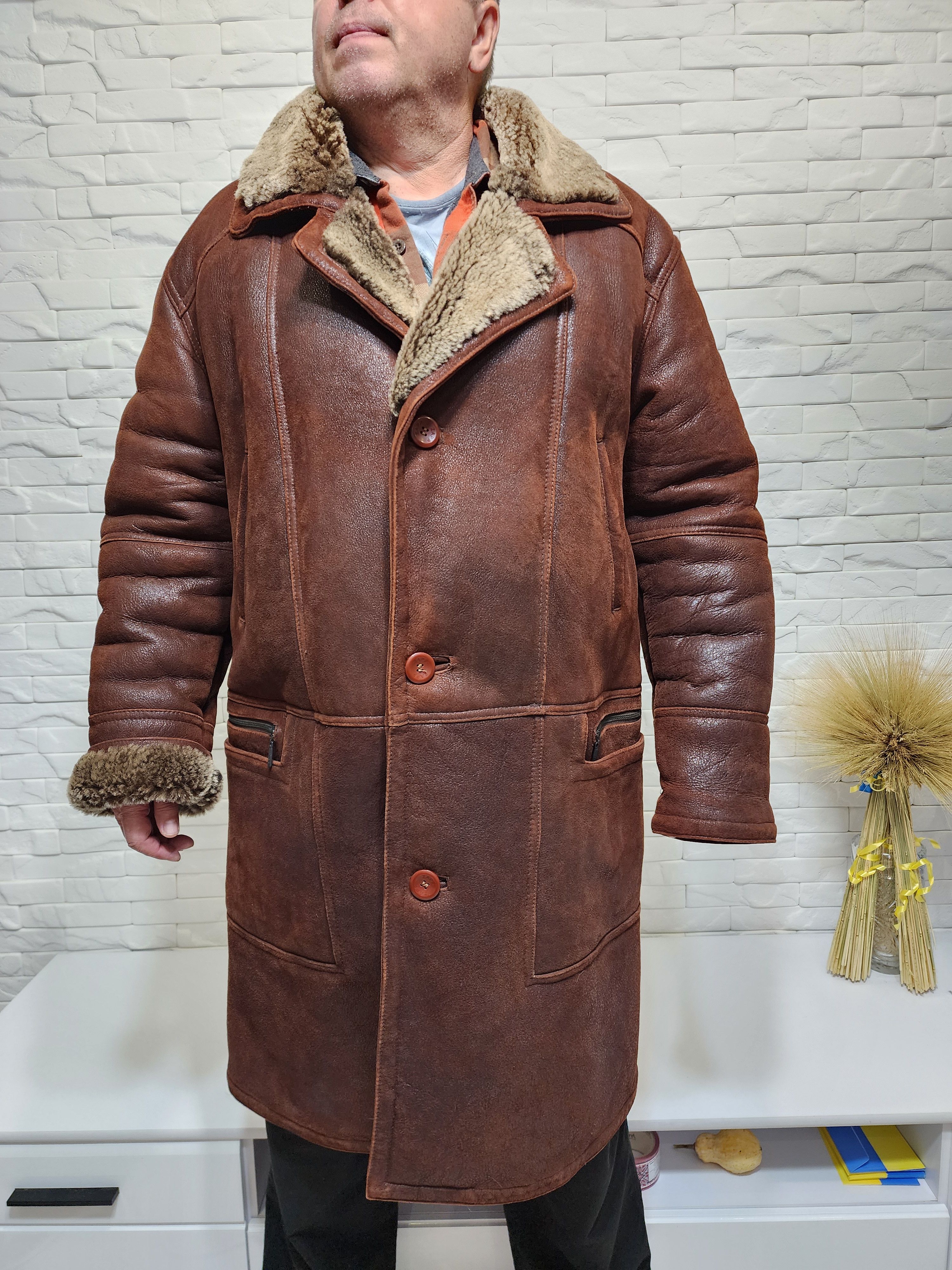 Genuine Leather Men's Brown Sheepskin Coat: Genuine Fur, Button Closure Size US XXL / EU 58 / 5 - 1 Thumbnail