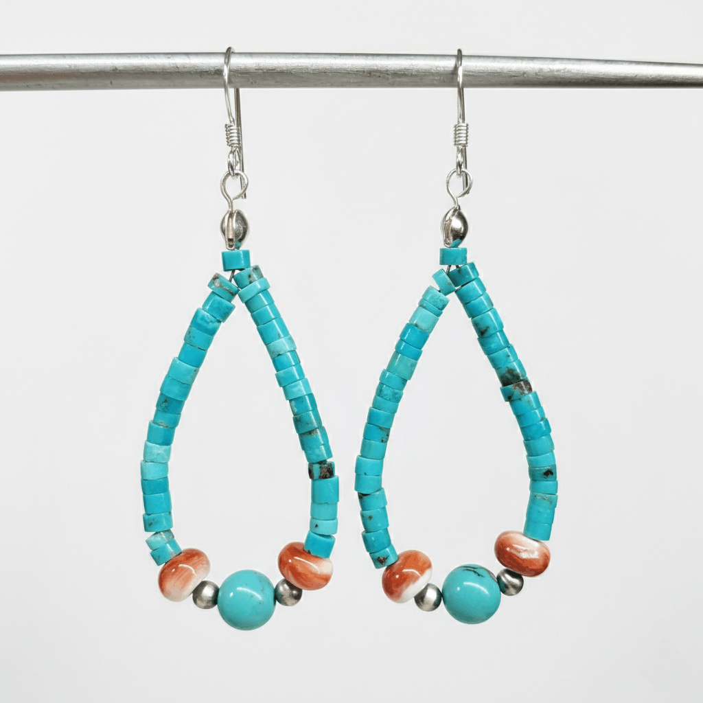 Handmade Turquoise 2.25" Earrings 925 Sterling Silver Heishi Native Size ONE SIZE - 3 Thumbnail