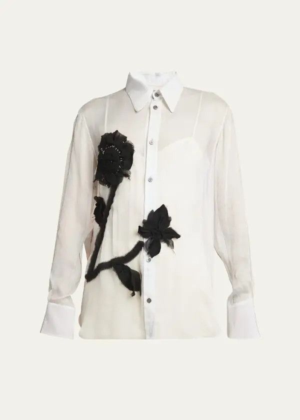 Marni o1w1db11125 Bicolor Classic Long-Sleeve Silk Shirt in White Size L / US 10 / IT 46 - 1 Thumbnail