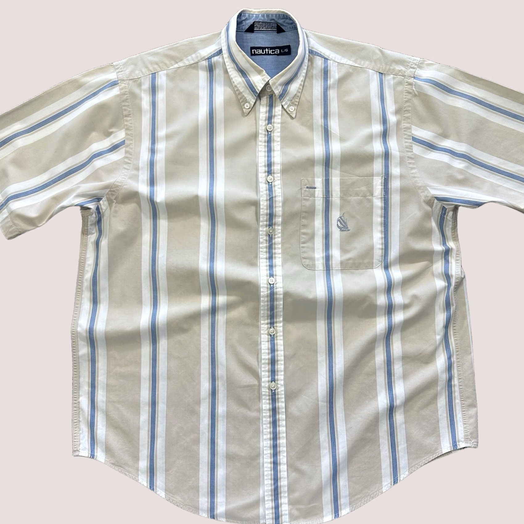 Nautica VINTAGE Nautica Button-Up Shirt Mens L Striped Beige Blue Casual Short Sleeve Collared Cotton Size US L / EU 52-54 / 3 - 1 Thumbnail