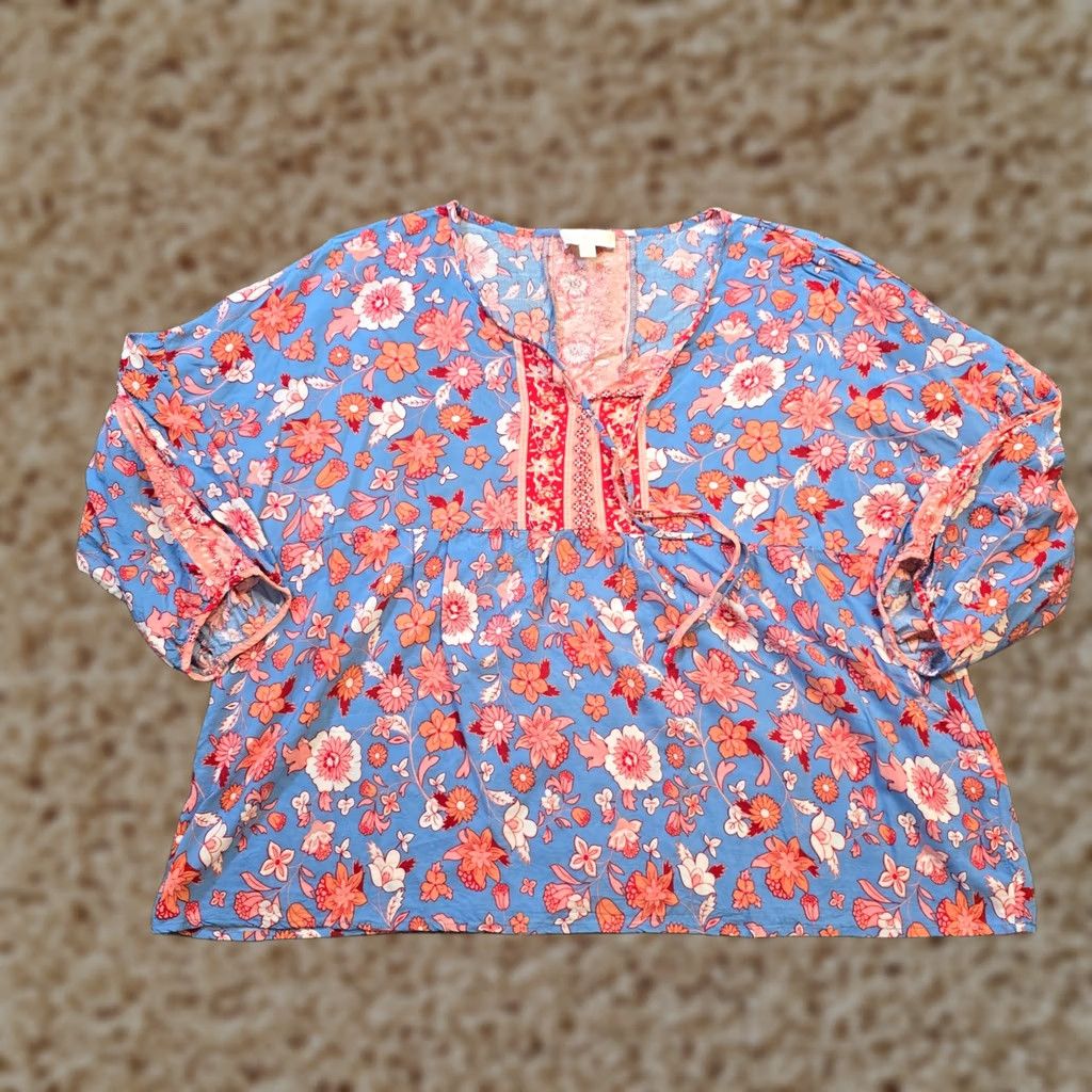 Vintage Suzanne Betro Top Womens 2X Blue Pink Floral Peasant Long Sleeve Casual V-Neck Blouse Size XXL / US 16-18 / IT 52-54 - 1 Thumbnail