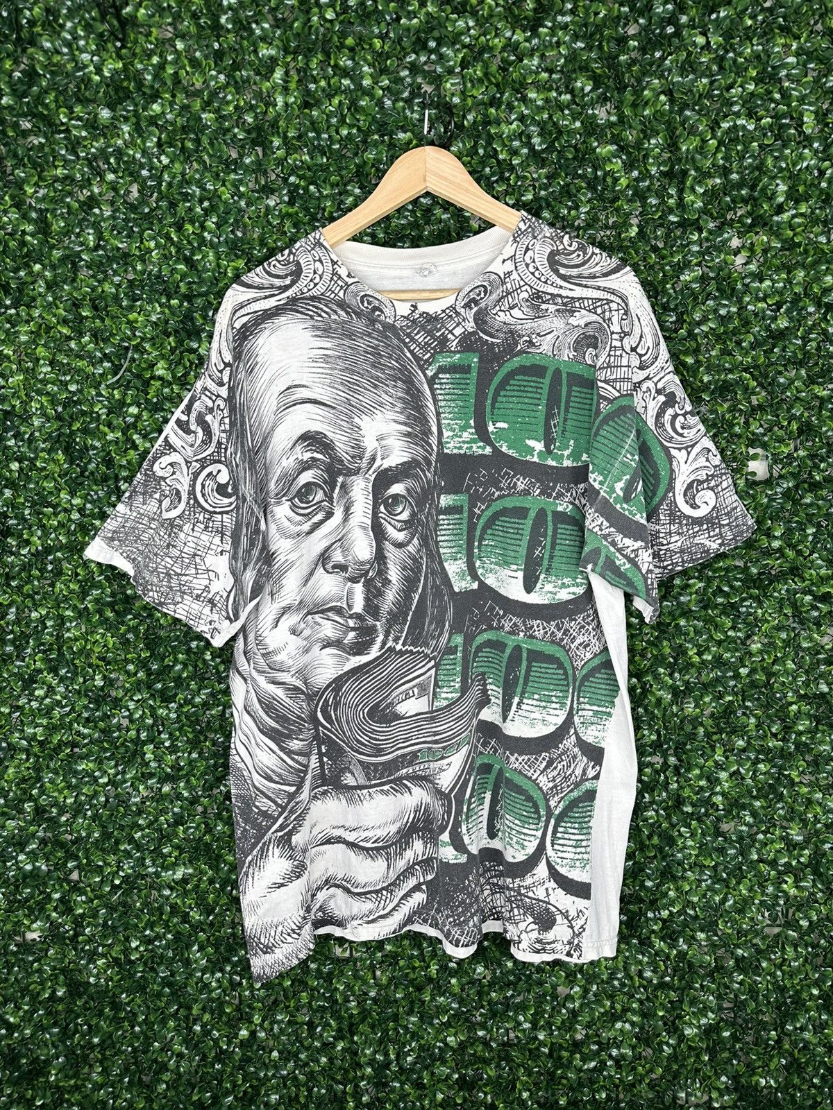 image of Vintage Y2K Hip Hop Benjamin Franklin 100 Bill Aop Tshirt in White, Men's (Size XL)