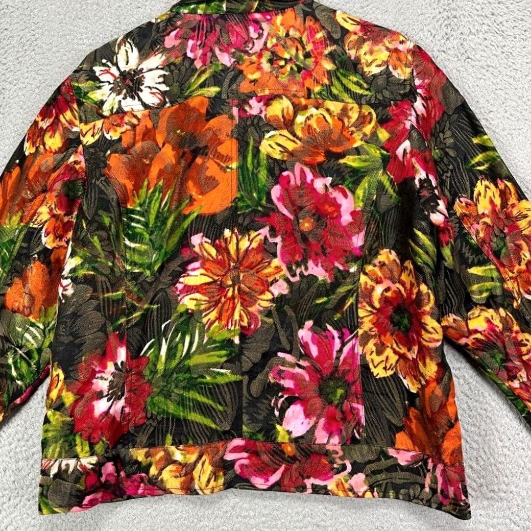 Vintage Chico's Trucker Jacket Womens 2 Black Floral Silk Metallic Open Front Coat Ladies Size XS / US 0-2 / IT 36-38 - 3 Thumbnail
