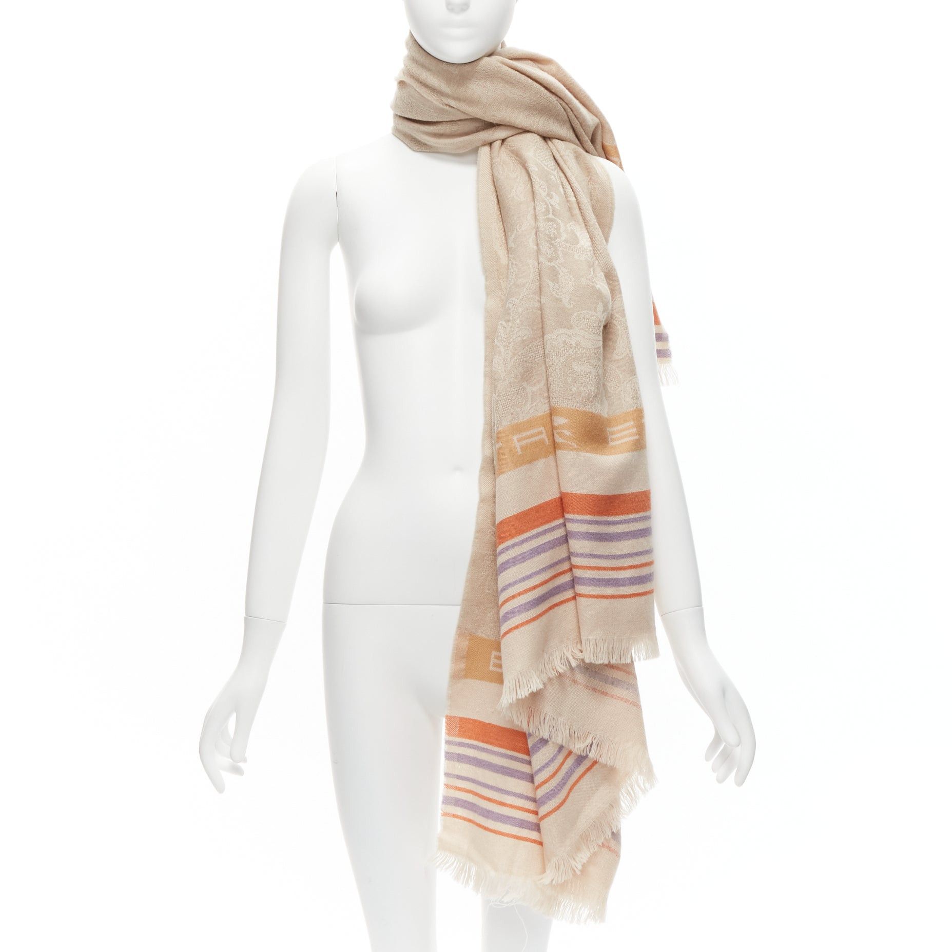 Etro ETRO Home Collection 100% merino wool beige logo stripes fringe scarf Size ONE SIZE - 1 Thumbnail