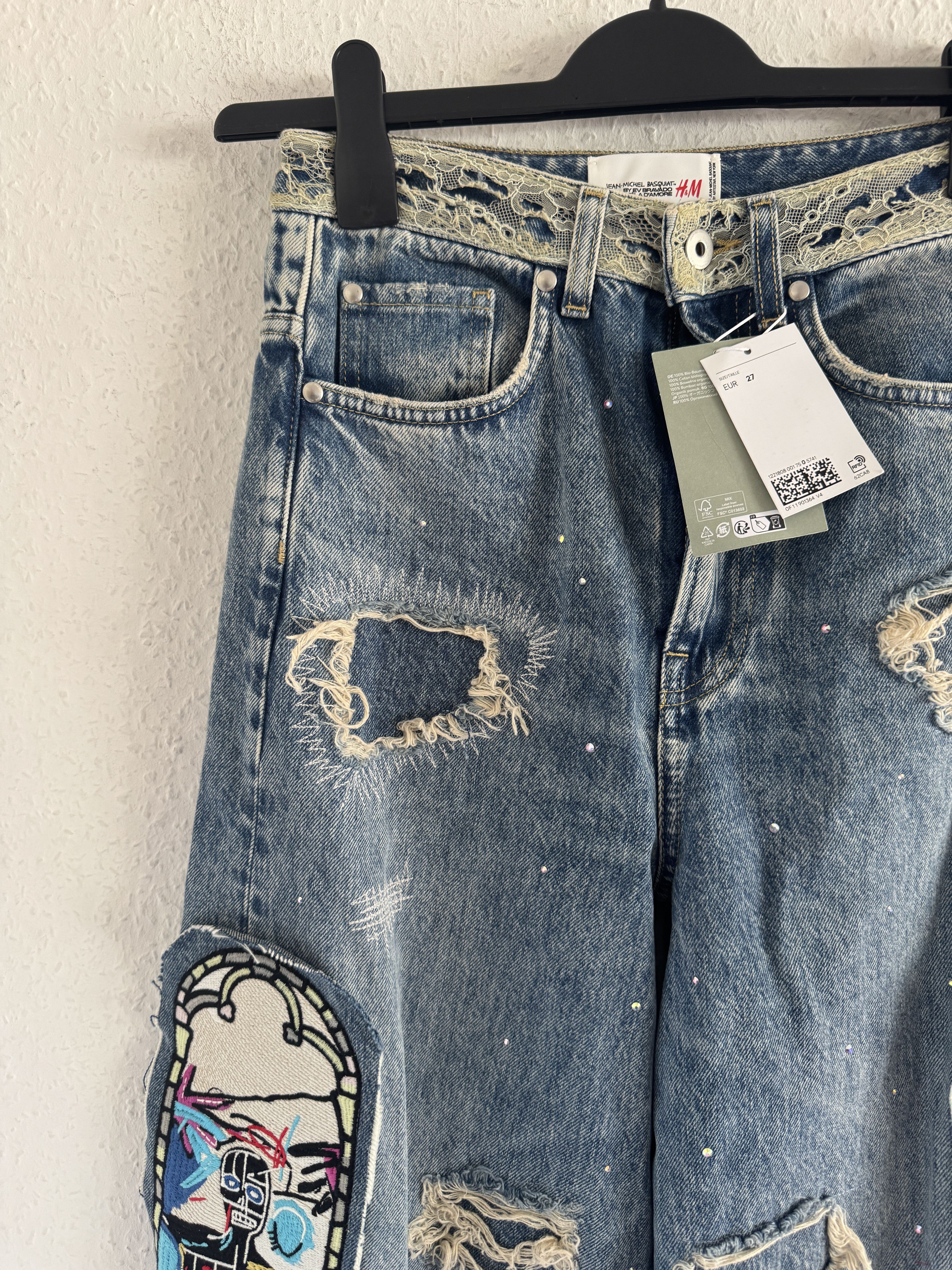 H&M × Jean-Michel Basquiat × Who Decides War Distressed rhinestone graphic jeans Size US 27 - 8 Thumbnail
