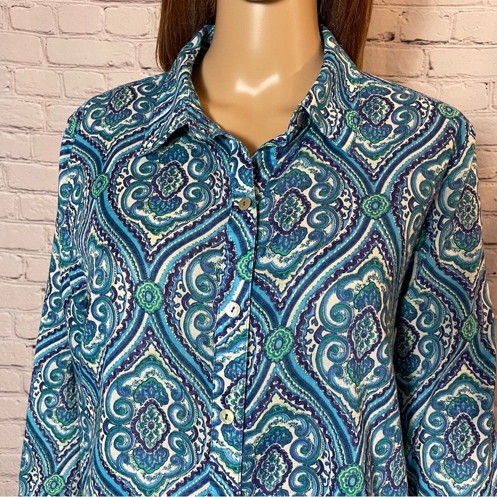 Chicos Chico's Blue Cotton 3/4 Sleeve Button Shirt Size 2 US L Size L / US 10 / IT 46 - 3 Thumbnail
