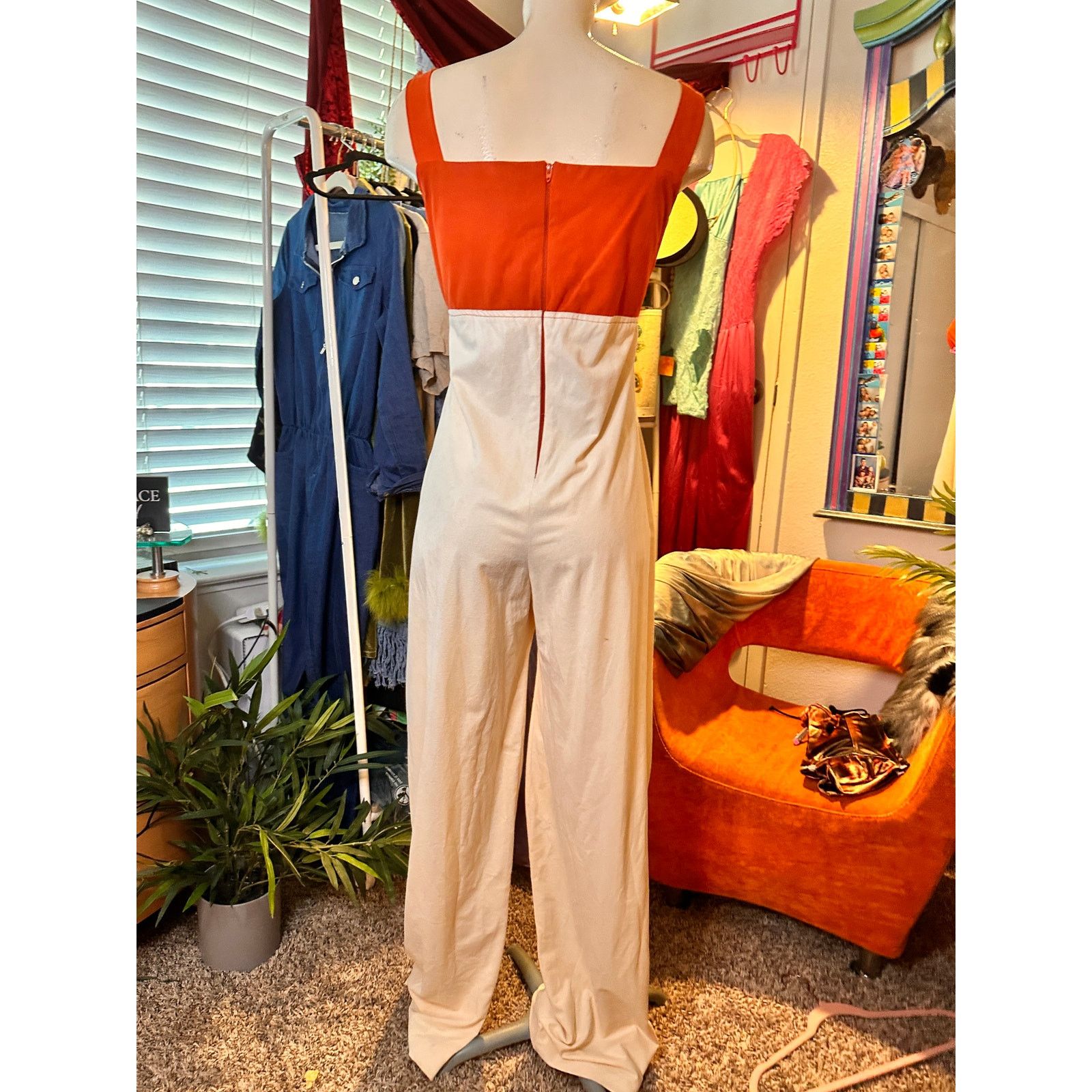 Homemade Retro 1970s Orange and Cream Jumpsuit Size 27" / US 4 / IT 40 - 5 Thumbnail