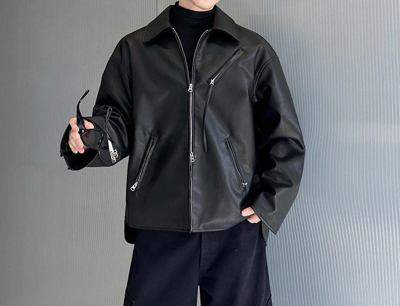 Leather Black Oversized Leather Jacket, Men's Zip-Up Outerwear Size US M / EU 48-50 / 2 - 1 Thumbnail
