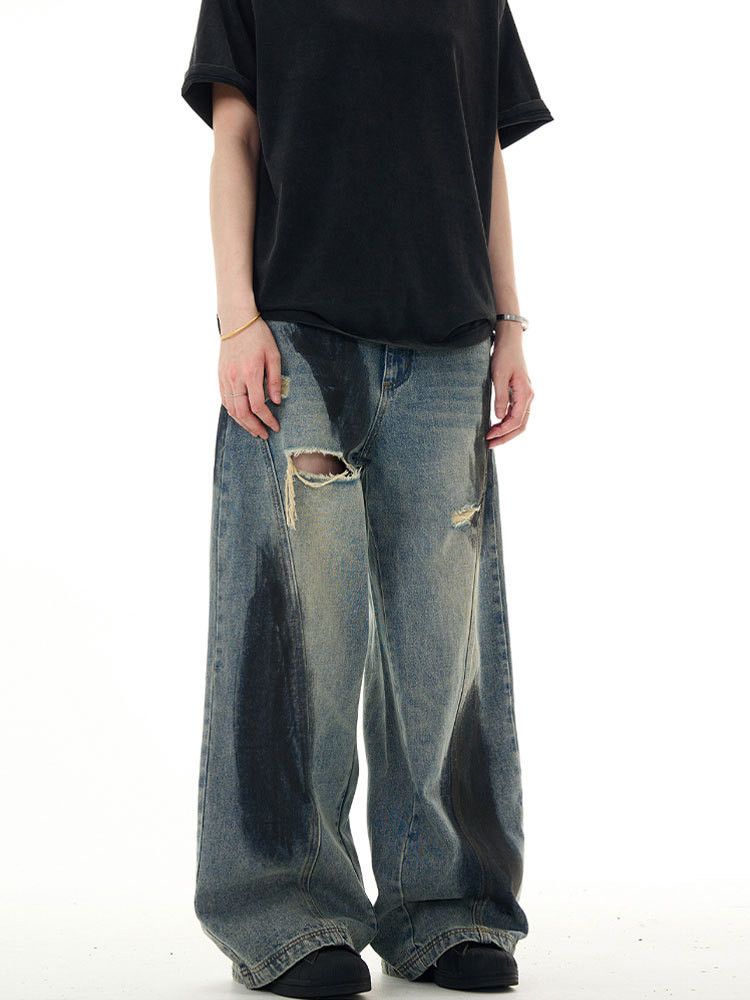 Japanese Brand × Jean Washed distressed ink-splashed loose wide-leg ripped jeans Size US 32 / EU 48 - 6 Thumbnail