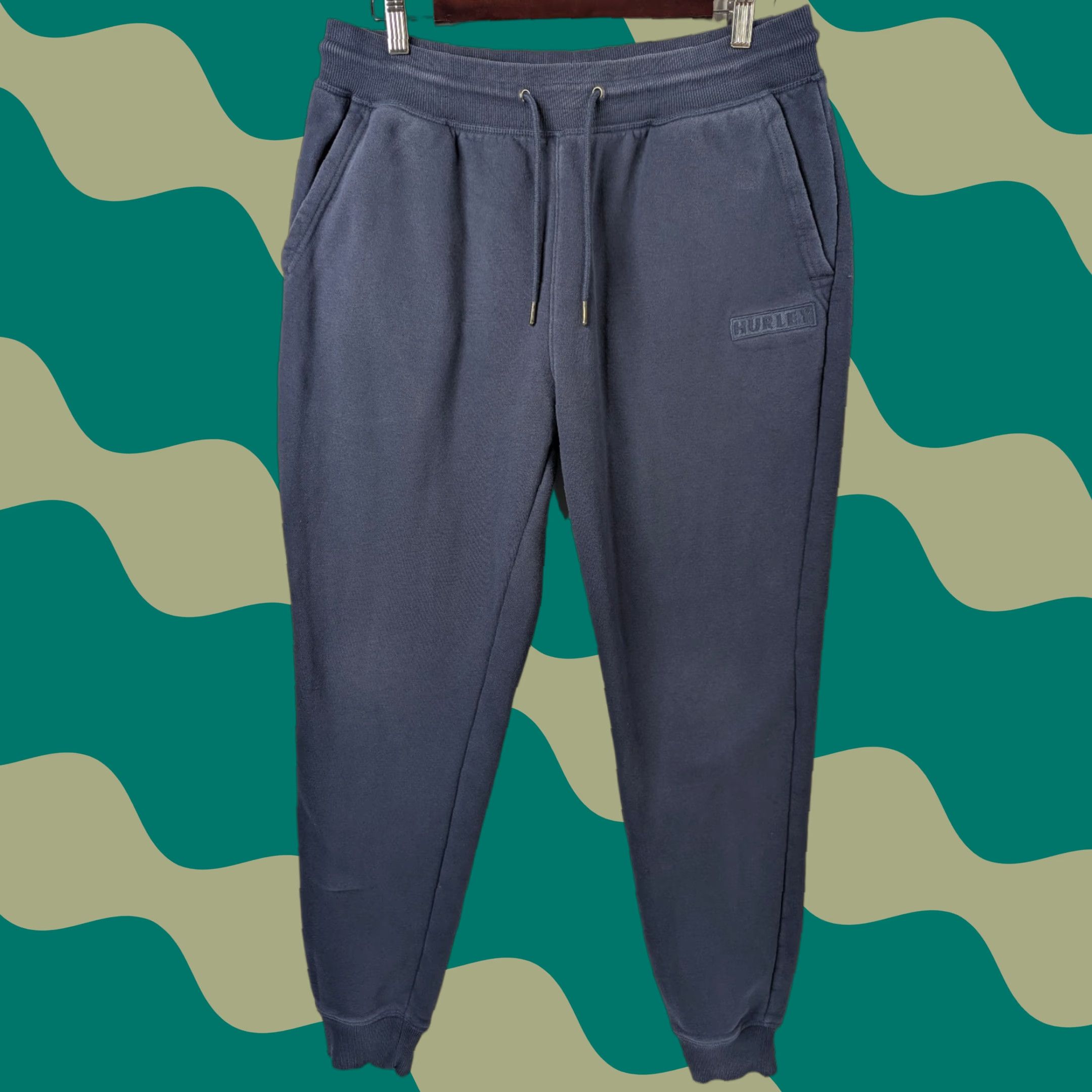 Hurley Hurley Mens Fleece Jogger Blue Logo Pockets Elastic Waist Cotton Blend Sz Large Size US 33 - 1 Thumbnail