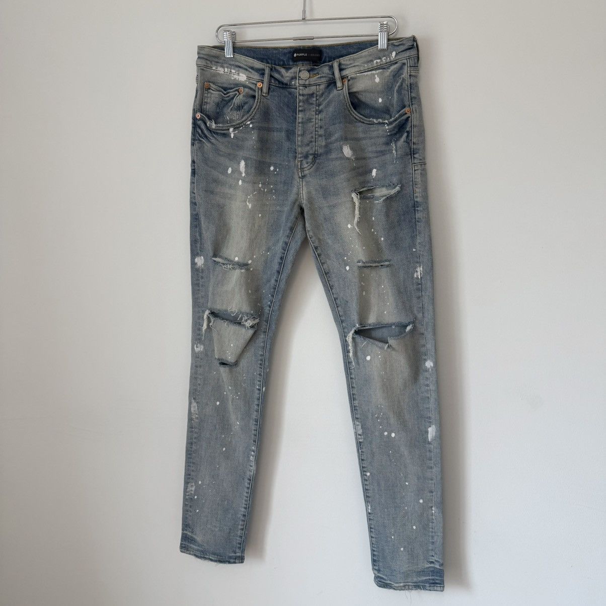Purple Brand Purple Brand P001 Light Indigo Paint Blowout Distress Jeans Size US 34 / EU 50 - 3 Thumbnail