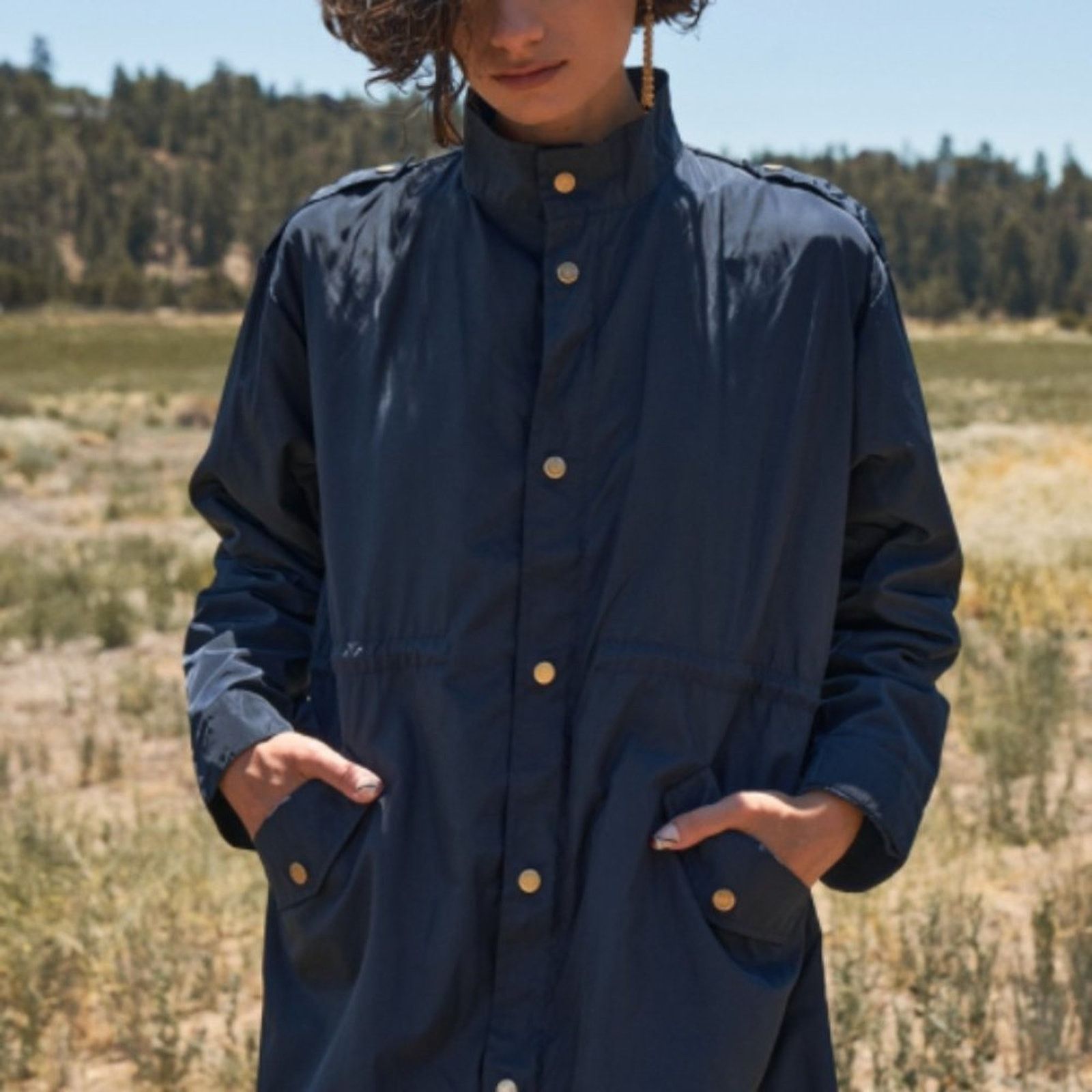 Other Navy Glossy Drawstring Trim Button-Down Coach Jacket Size S / US 4 / IT 40 - 5 Thumbnail