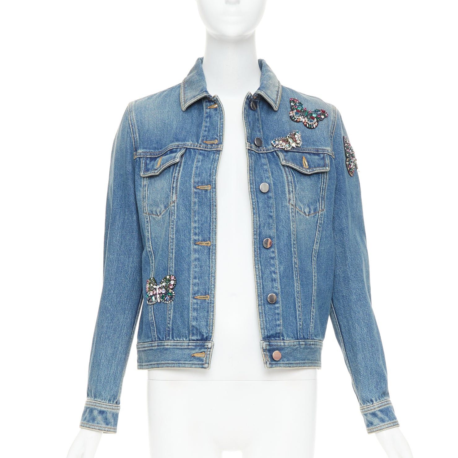 Valentino VALENTINO blue denim multicolor jewel butterfly embellished trucker jacket IT40 S Size S / US 4 / IT 40 - 1 Thumbnail