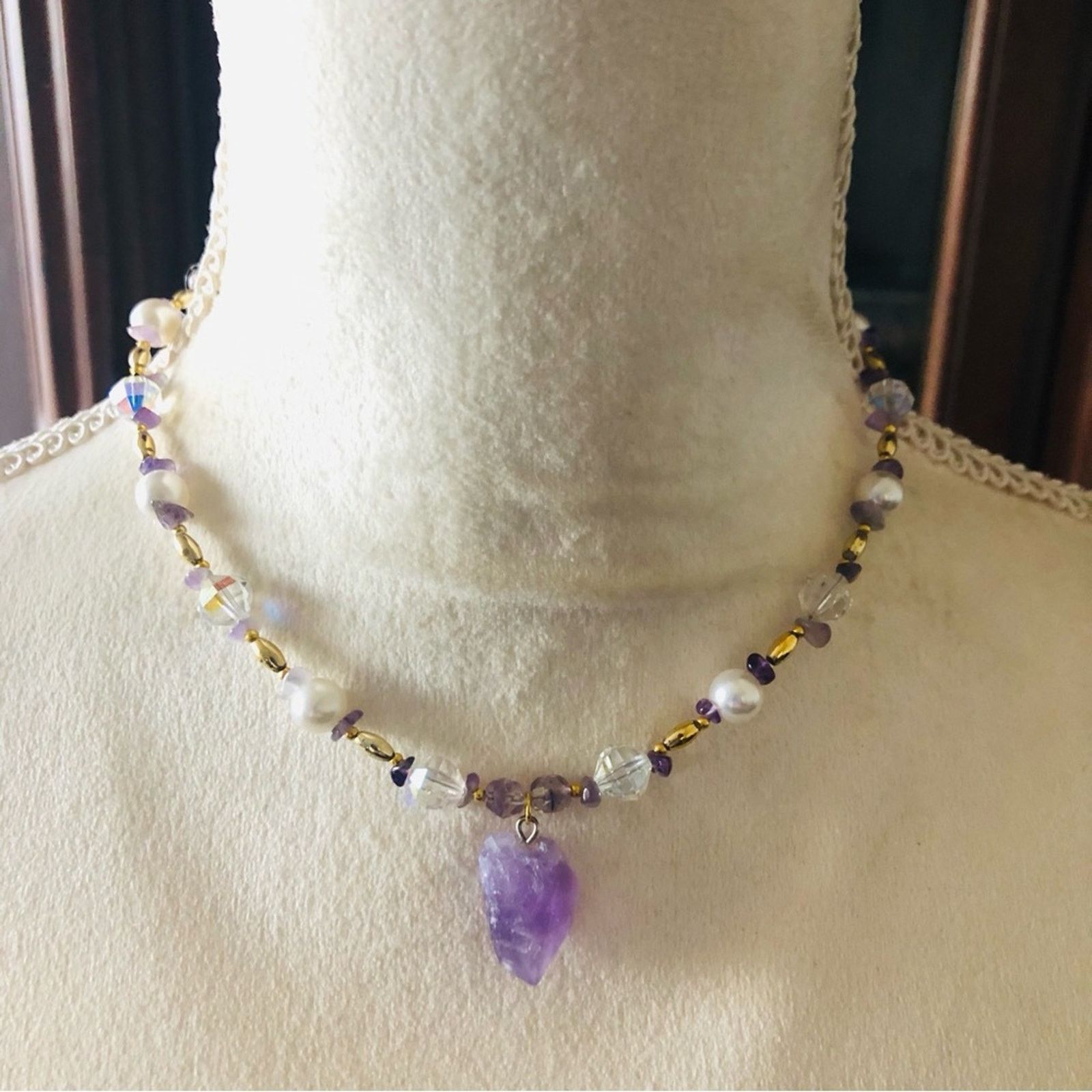 Handmade Handcrafted repurpose genuine amethyst slab pendant necklace Size ONE SIZE - 3 Thumbnail