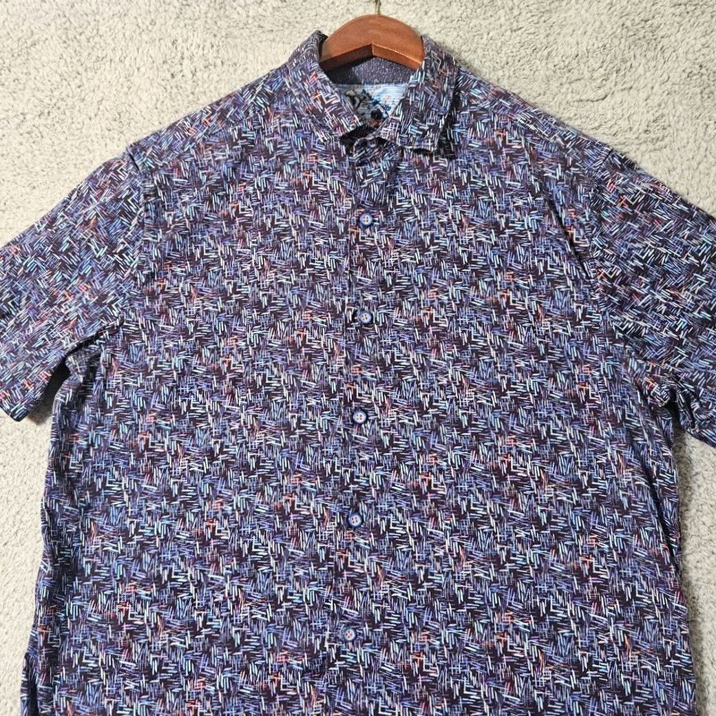 Robert Graham Robert Graham Geometric Short Sleeve Classic Fit Button Down Shirt Men's Large Blue Multicolor Size US 33 - 2 Thumbnail