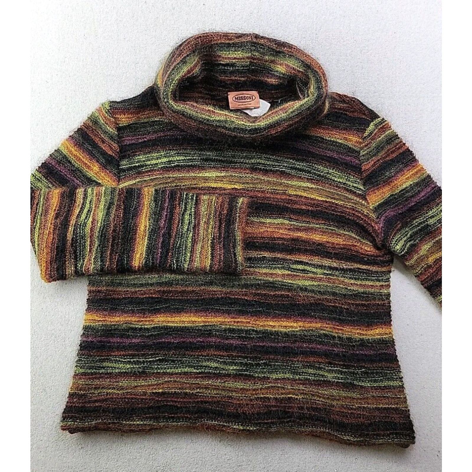 image of Missoni Mohair Sweater Women's Small Multicolor Stripe Wide Turtle Neck Funnel in White