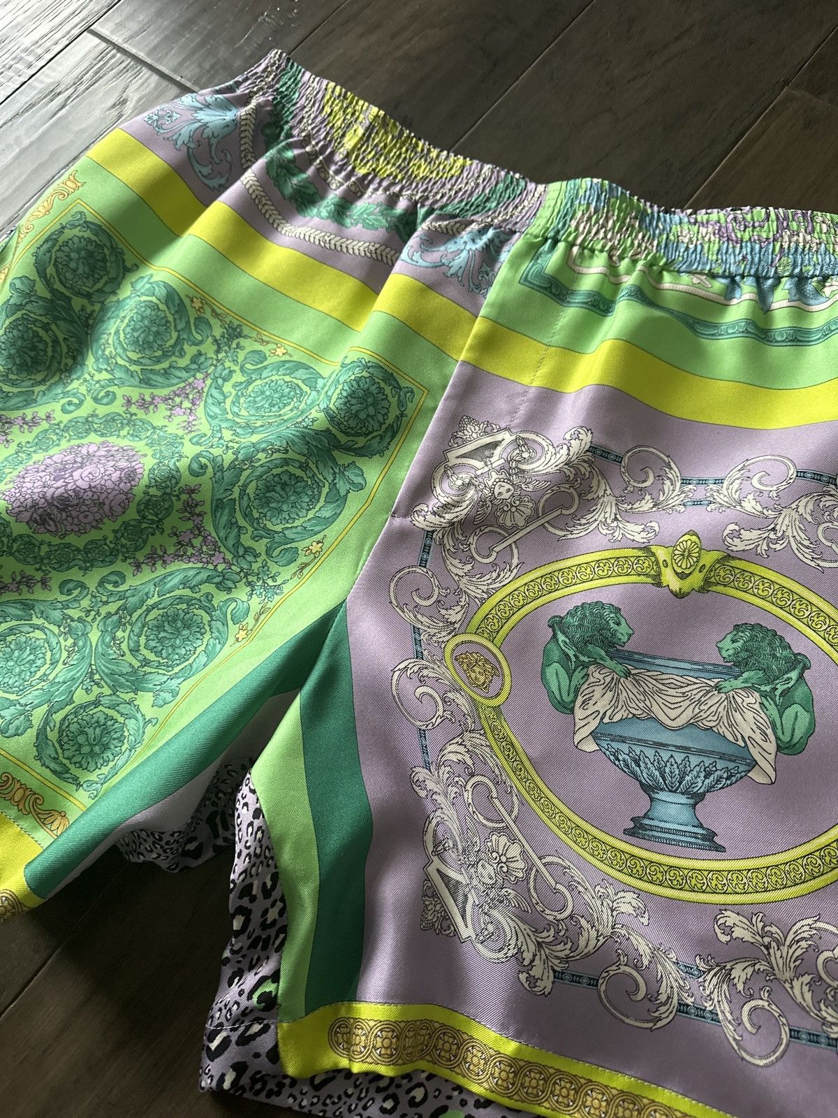 image of Versace Barocco Print Silk Shorts in Purple, Men's (Size 40)