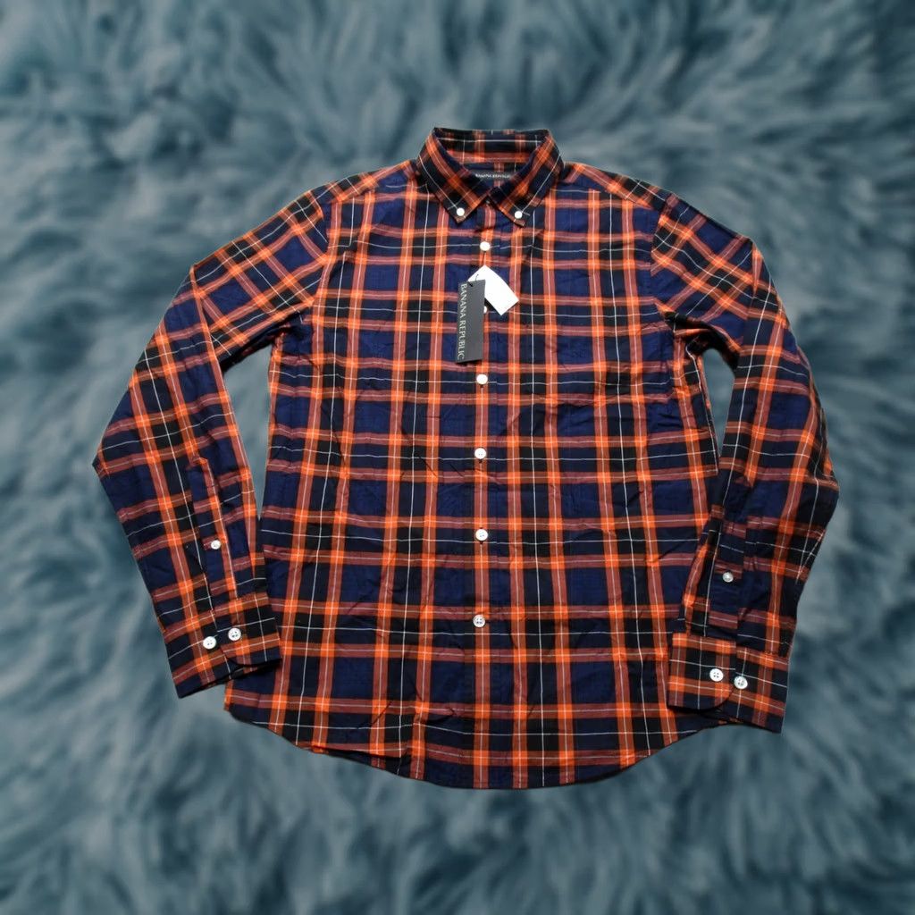 Banana Republic Banana Republic Mens Small Slim Fit Navy Orange Plaid Button-Up Shirt Organic Cotton Size US S / EU 44-46 / 1 - 1 Thumbnail